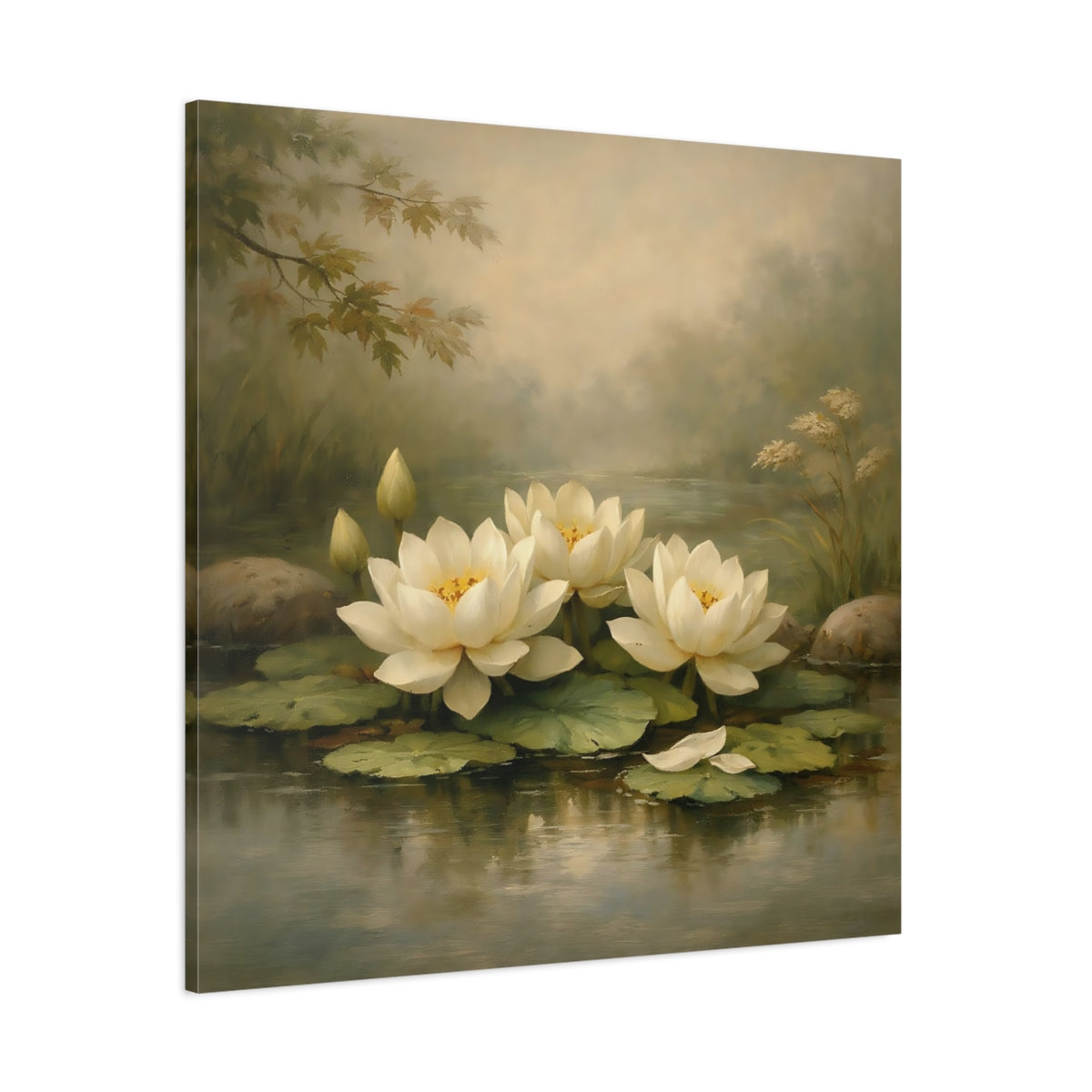 Main Mockup. Nature Water Lilies White Water Lilies shown as stretched canvas wall art