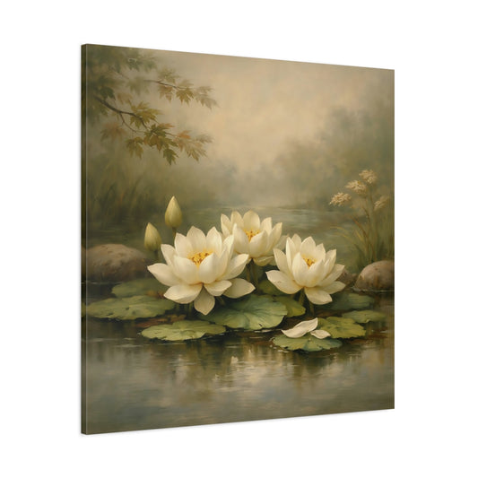 Main Mockup. Nature Water Lilies White Water Lilies shown as stretched canvas wall art