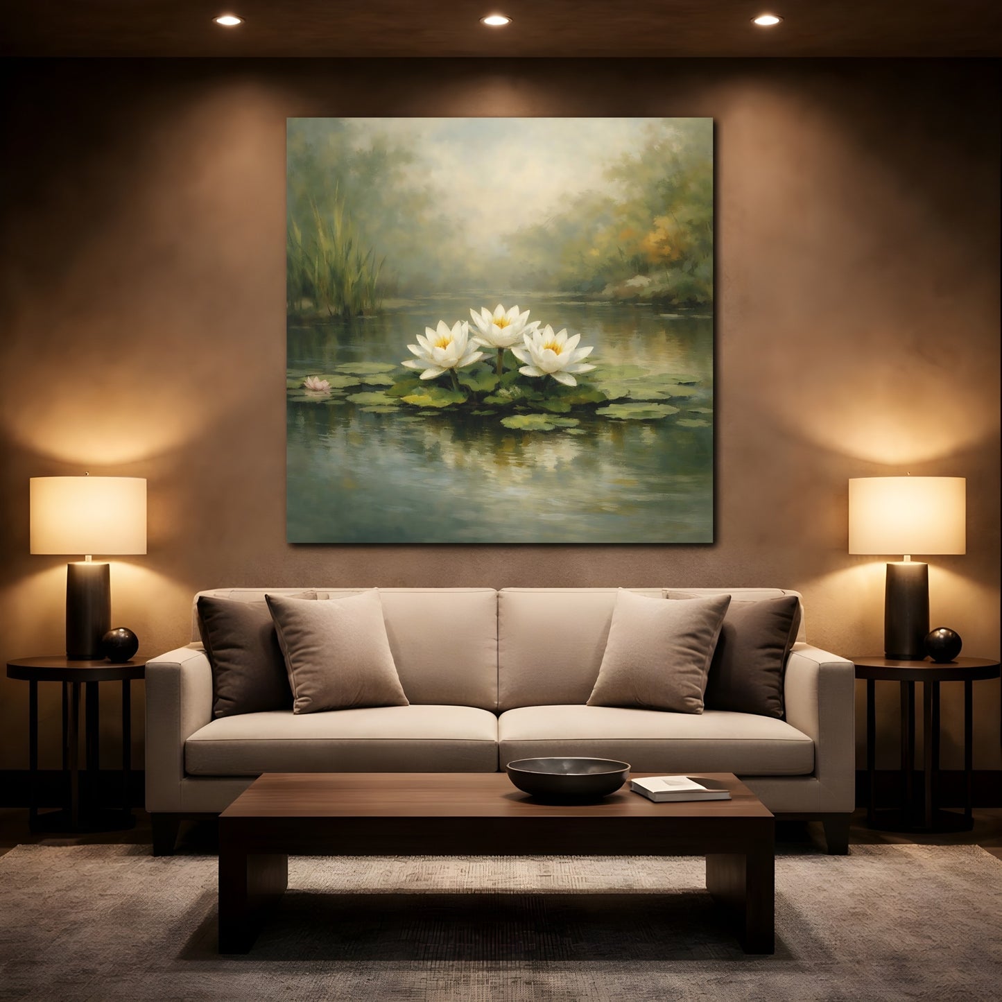 Mockup 2. Nature Water Lilies White Water Lilies shown as stretched canvas wall art