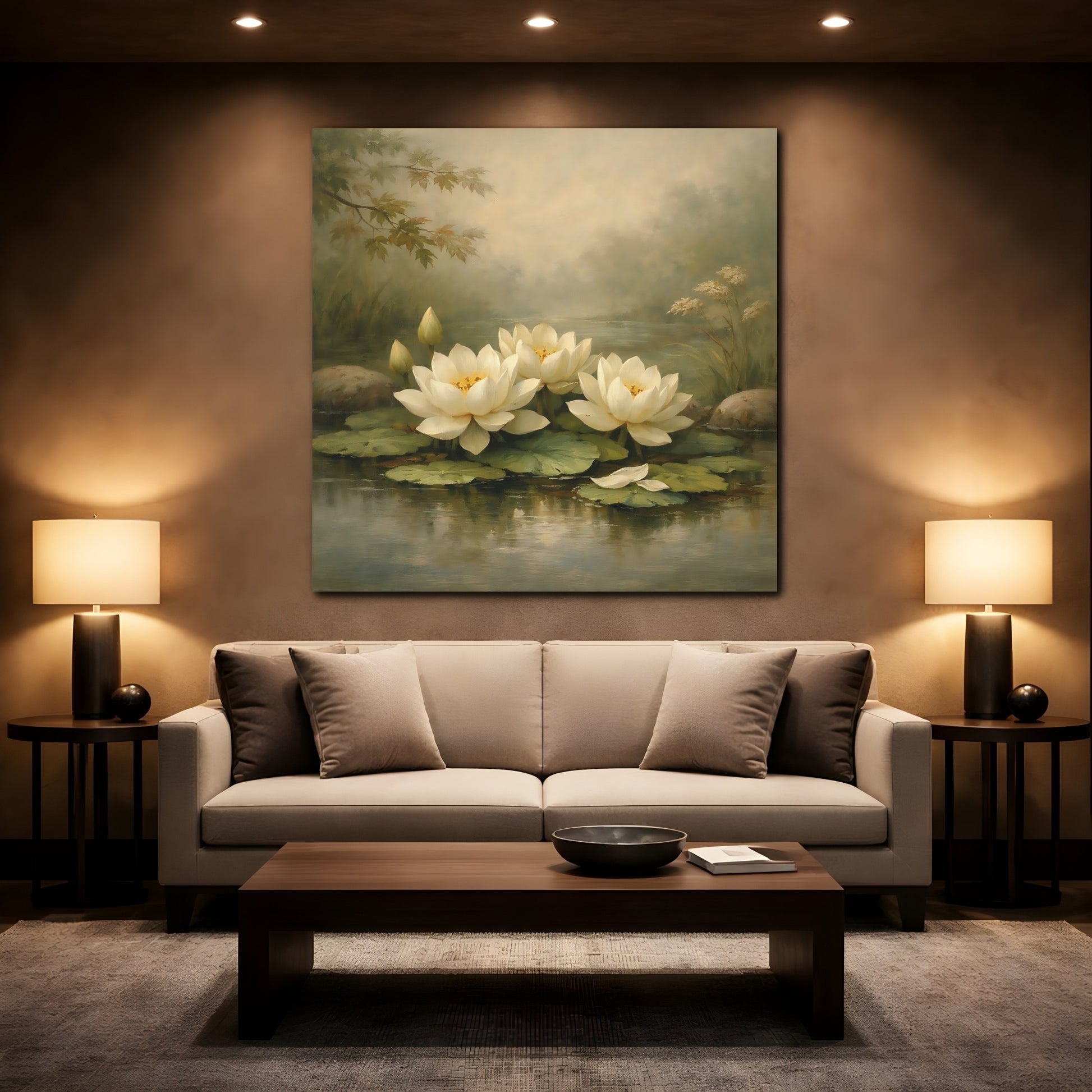 Mockup 2. Nature Water Lilies White Water Lilies shown as stretched canvas wall art