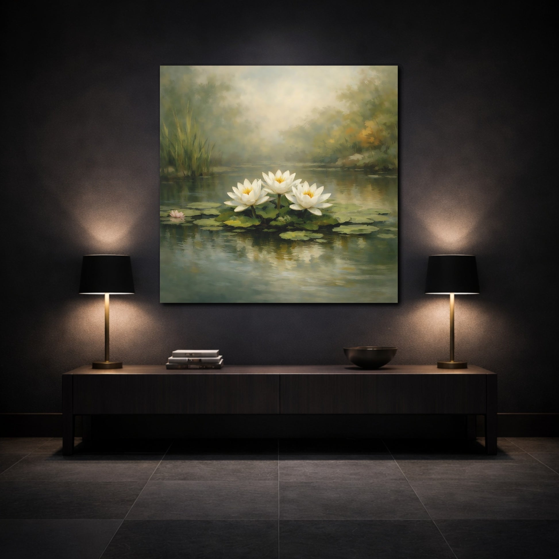 Mockup 3. Nature Water Lilies White Water Lilies shown as stretched canvas wall art