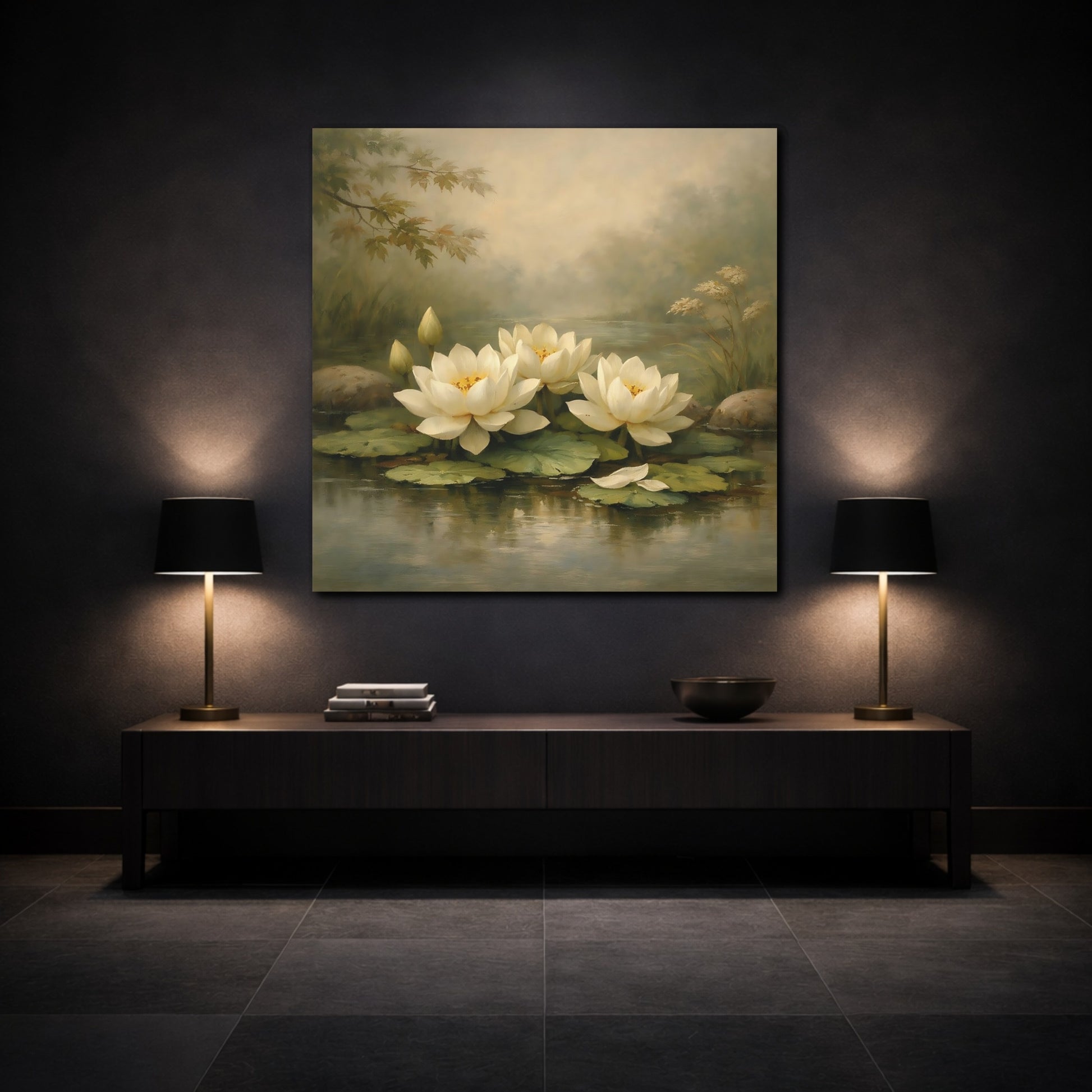 Mockup 3. Nature Water Lilies White Water Lilies shown as stretched canvas wall art