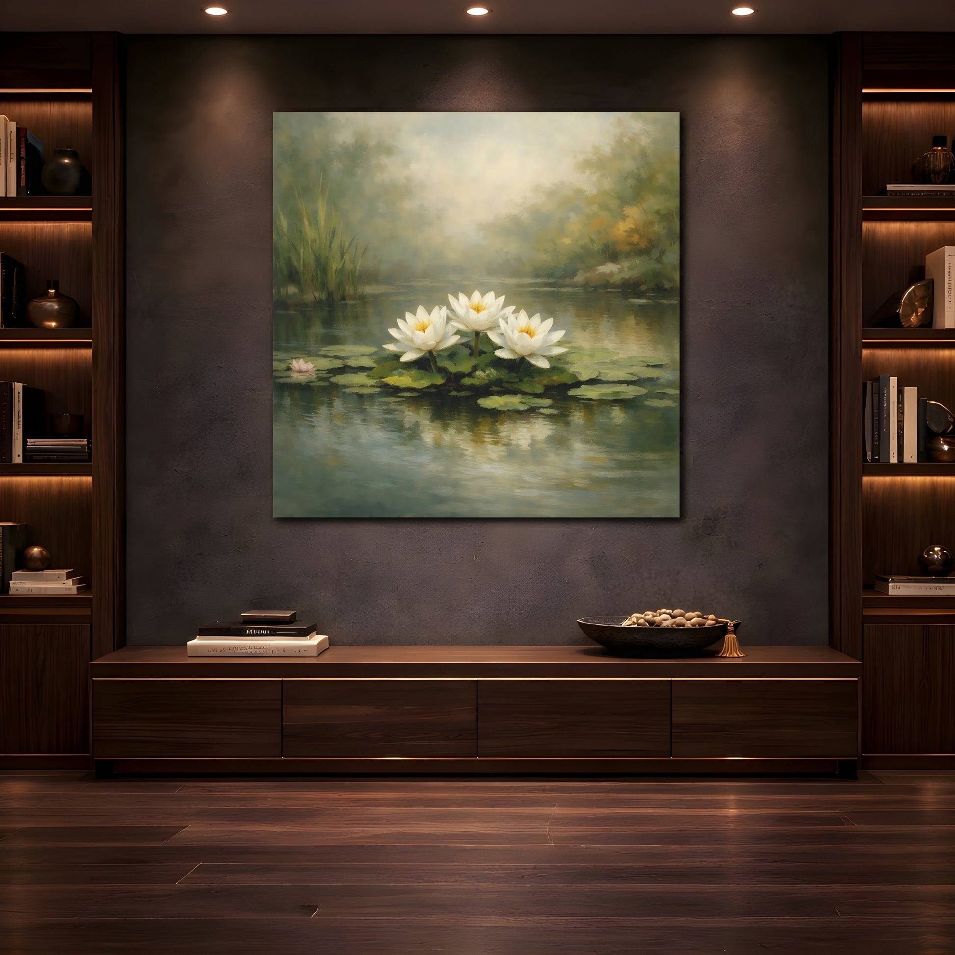 Mockup 4. Nature Water Lilies White Water Lilies shown as stretched canvas wall art