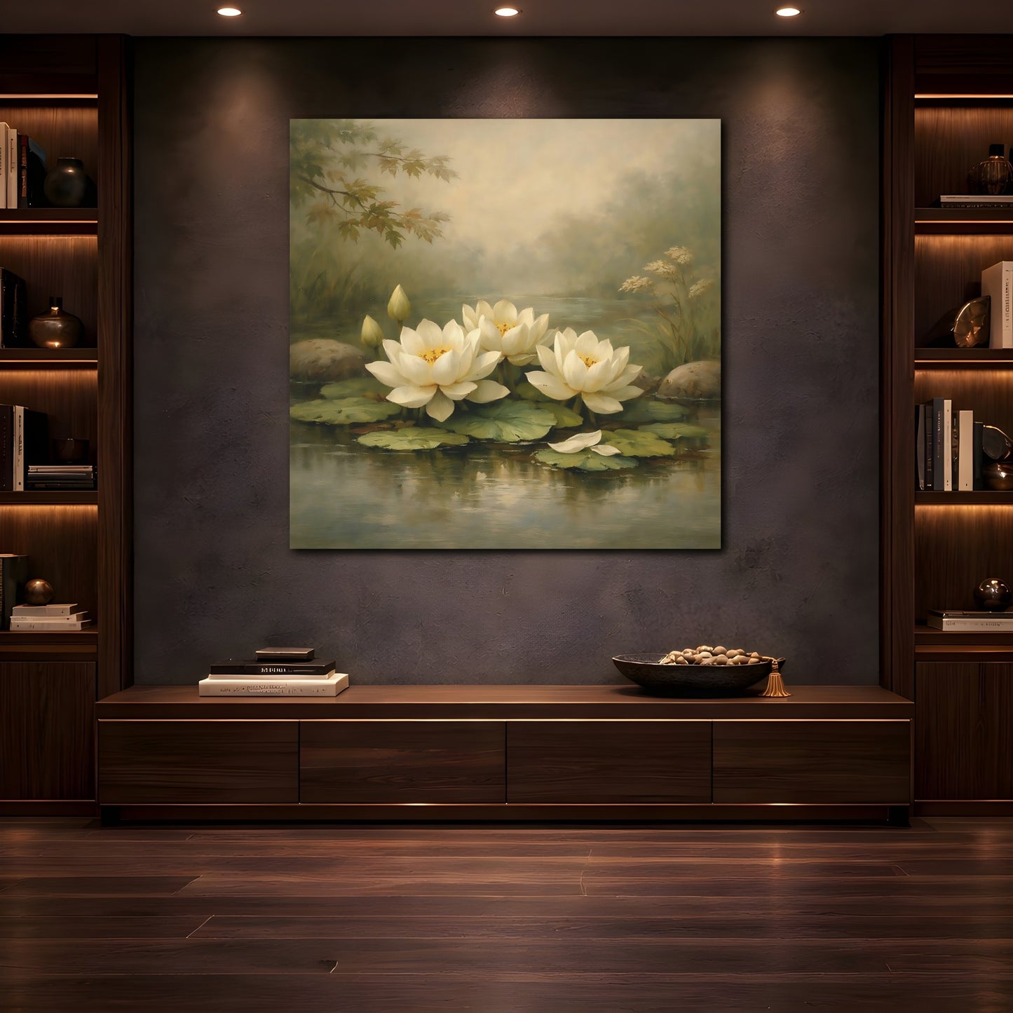 Mockup 4. Nature Water Lilies White Water Lilies shown as stretched canvas wall art