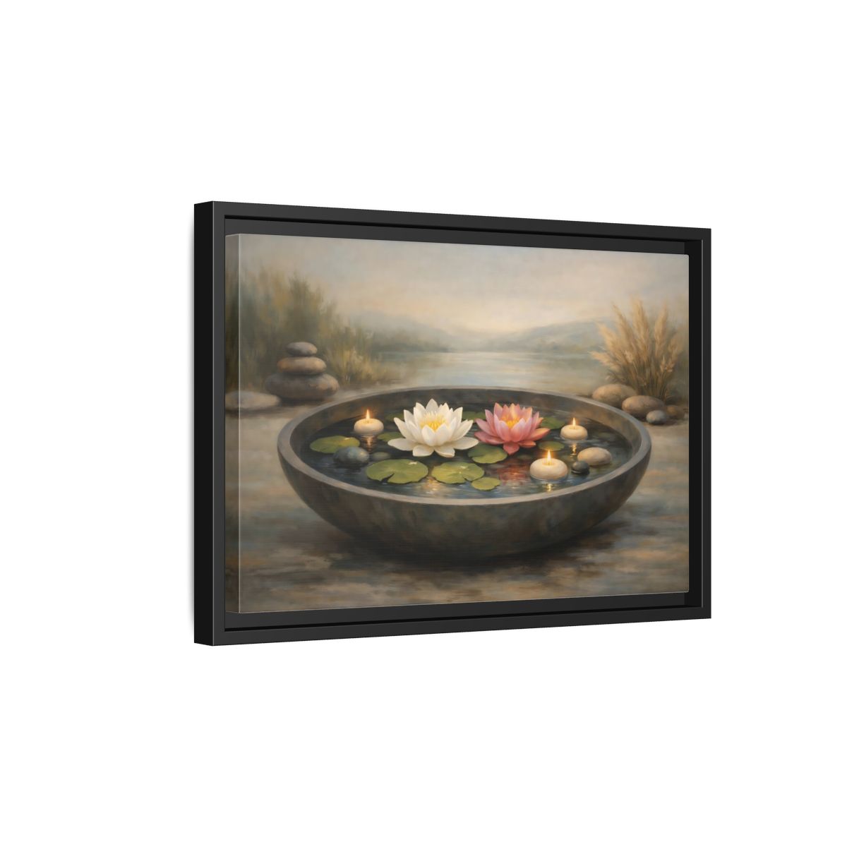 Side Mockup 6. Nature Water Lilies Zen Water Garden shown as stretched canvas wall art