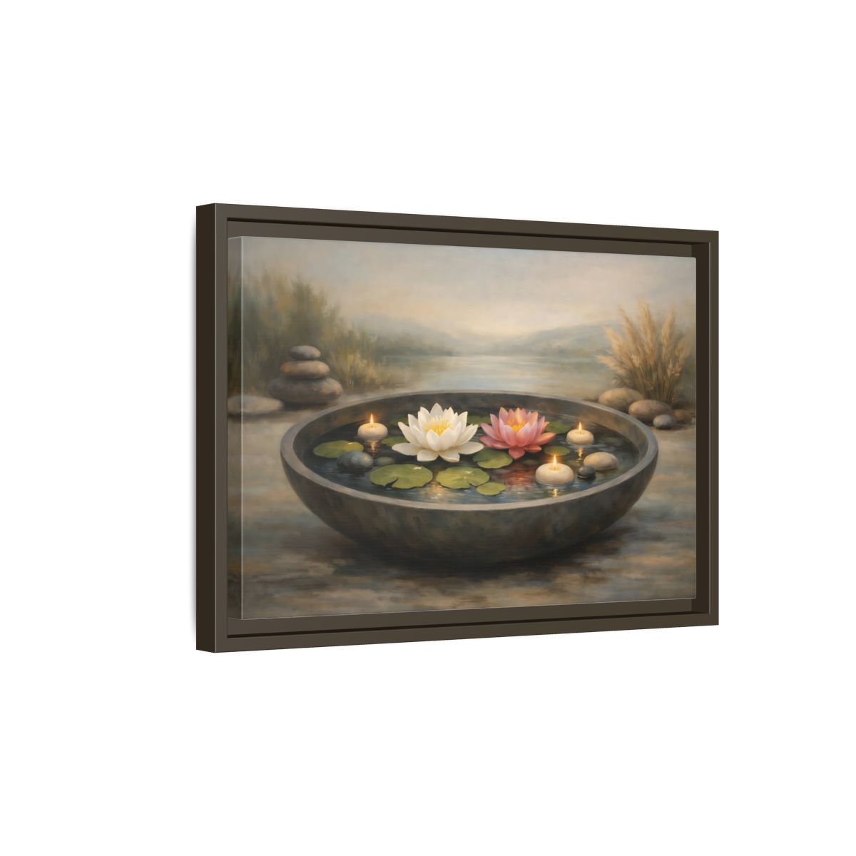 Side Mockup 5. Nature Water Lilies Zen Water Garden shown as stretched canvas wall art