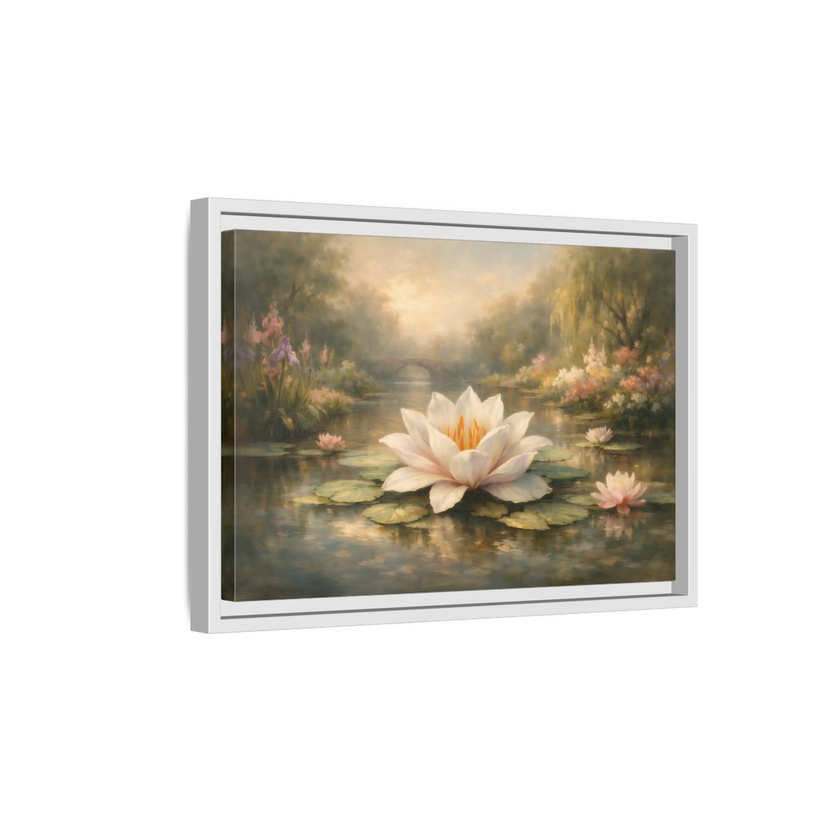 Side Mockup 4. Nature Water Lily Misty Water Lily Pond shown as stretched canvas wall art