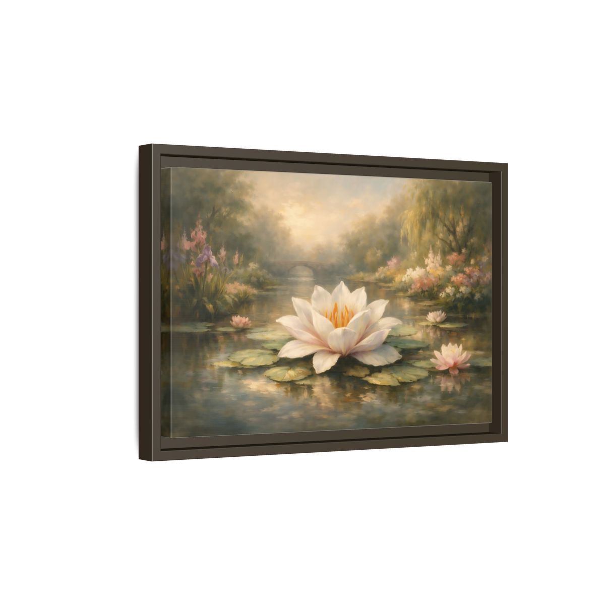 Side Mockup 5. Nature Water Lily Misty Water Lily Pond shown as stretched canvas wall art