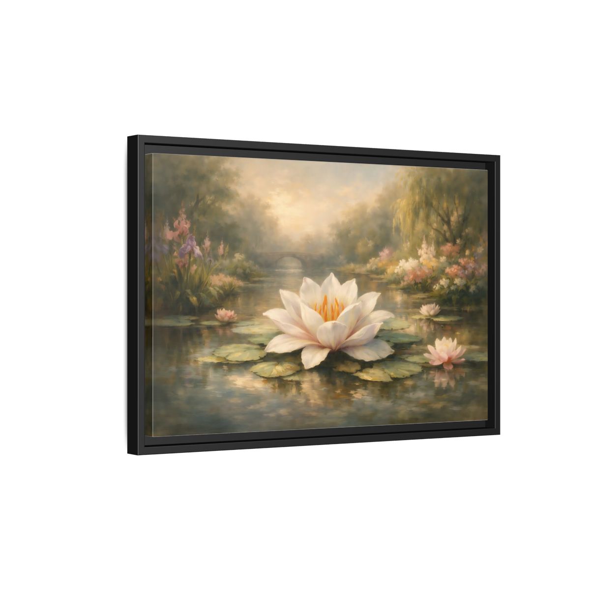 Side Mockup 3. Nature Water Lily Misty Water Lily Pond shown as stretched canvas wall art
