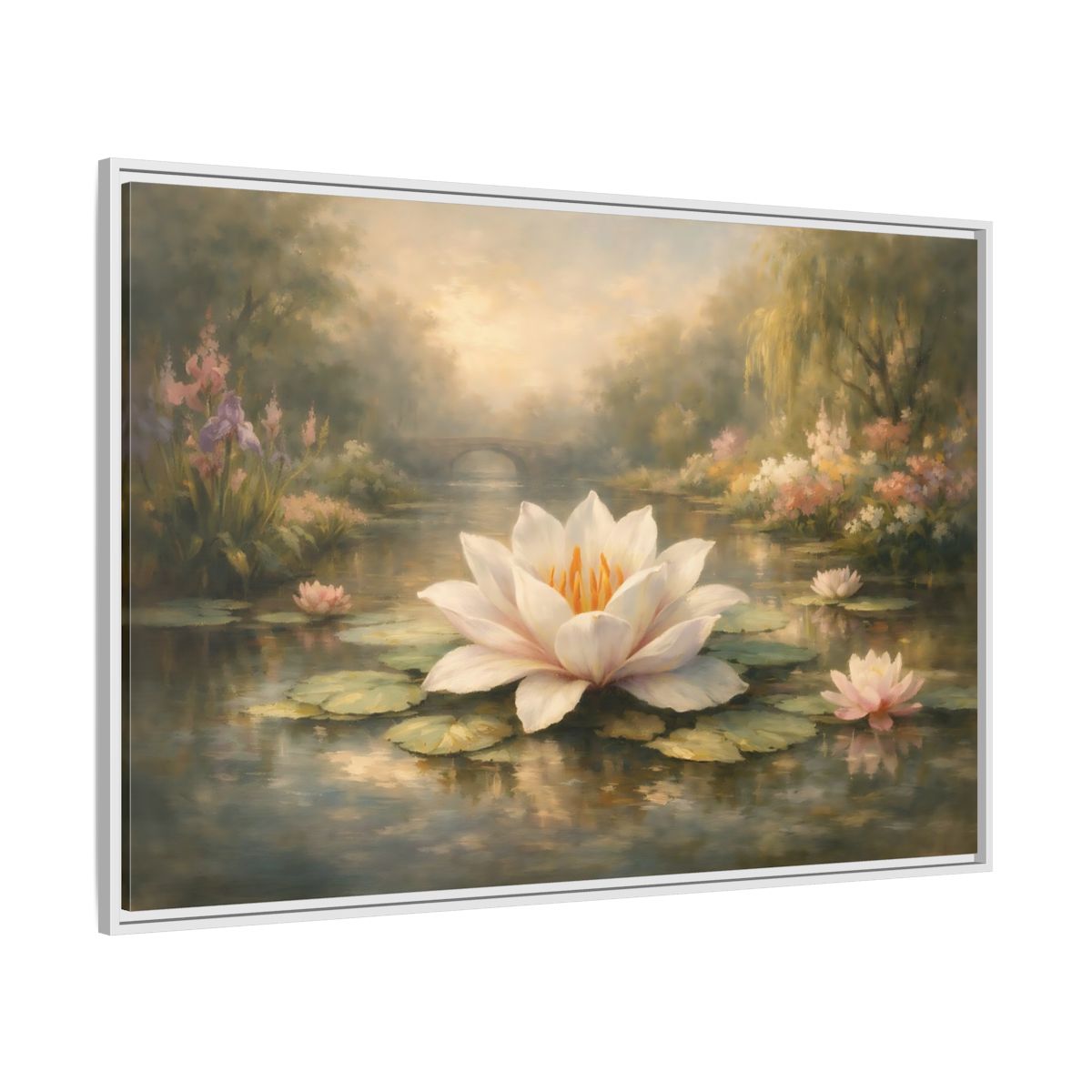 Side Mockup 7. Nature Water Lily Misty Water Lily Pond shown as stretched canvas wall art