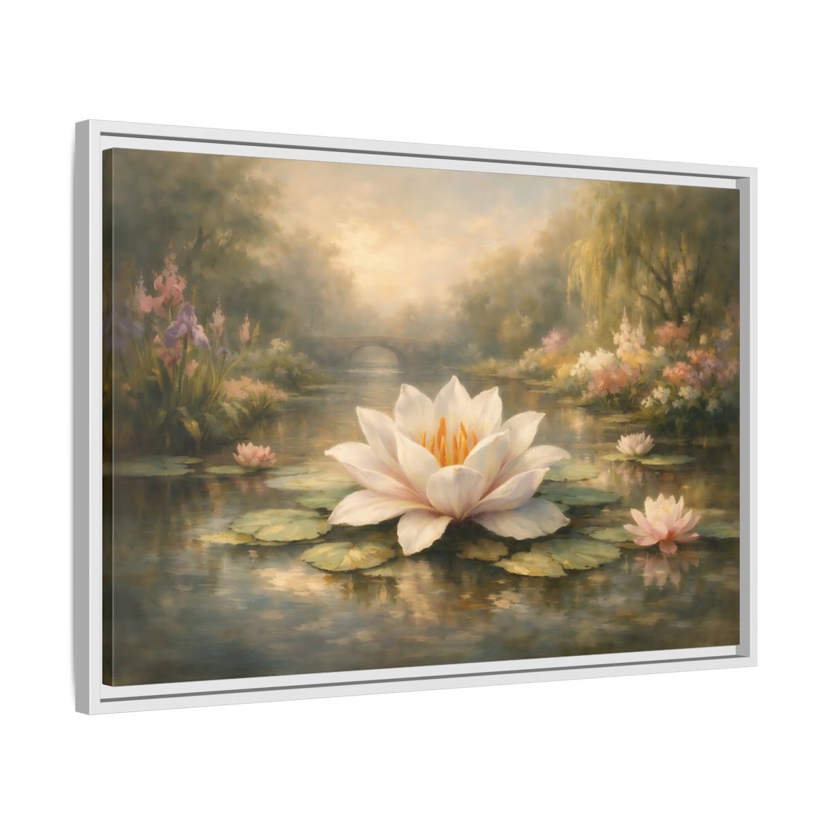 Side Mockup 10. Nature Water Lily Misty Water Lily Pond shown as stretched canvas wall art