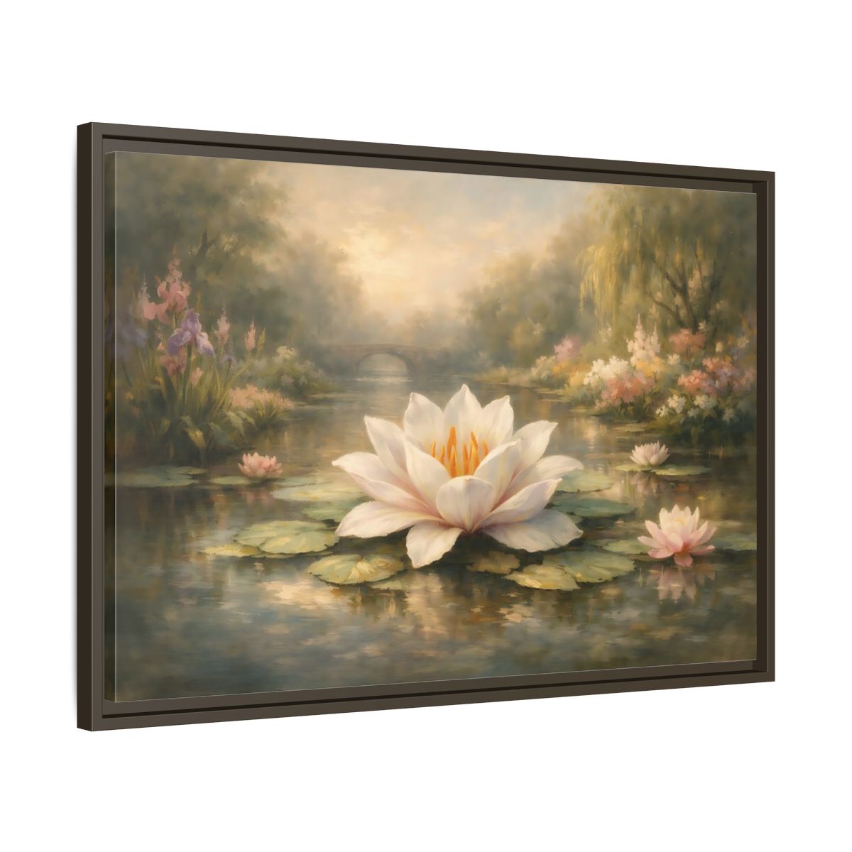 Side Mockup 11. Nature Water Lily Misty Water Lily Pond shown as stretched canvas wall art