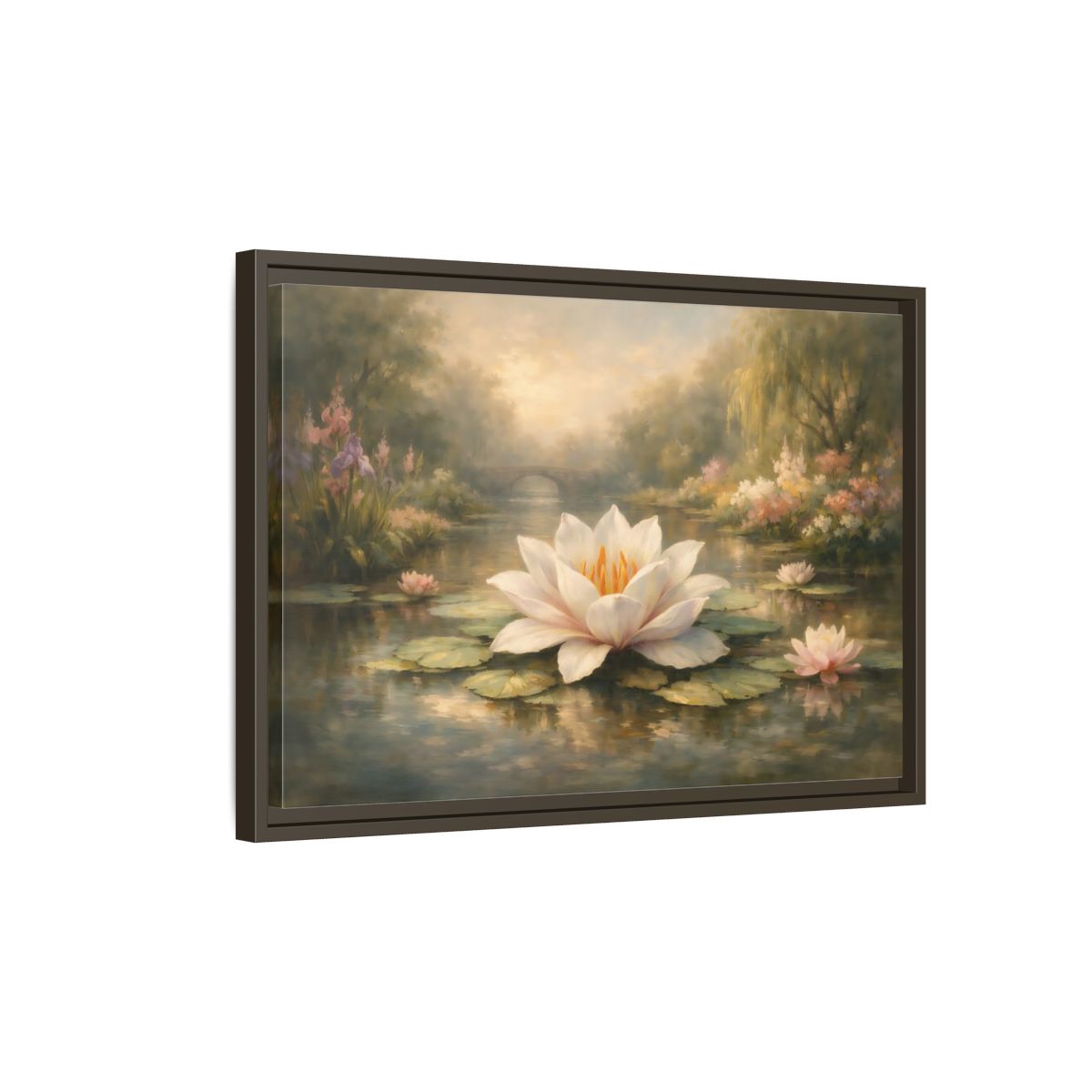 Side Mockup 2. Nature Water Lily Misty Water Lily Pond shown as stretched canvas wall art