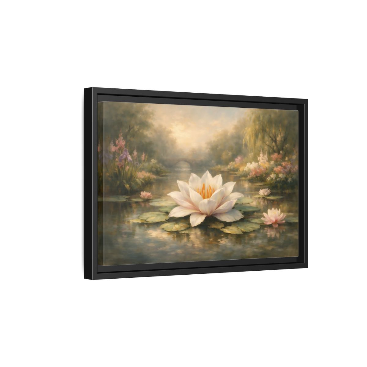 Side Mockup 6. Nature Water Lily Misty Water Lily Pond shown as stretched canvas wall art