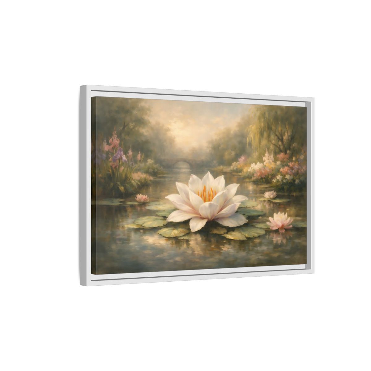 Side Mockup 1. Nature Water Lily Misty Water Lily Pond shown as stretched canvas wall art