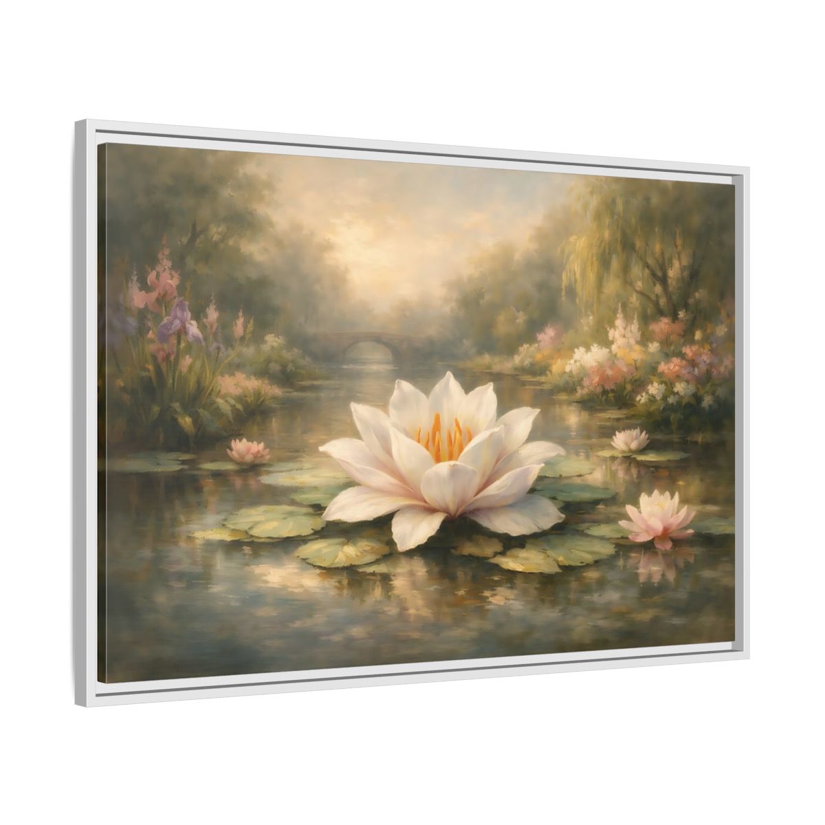 Side Mockup 8. Nature Water Lily Misty Water Lily Pond shown as stretched canvas wall art