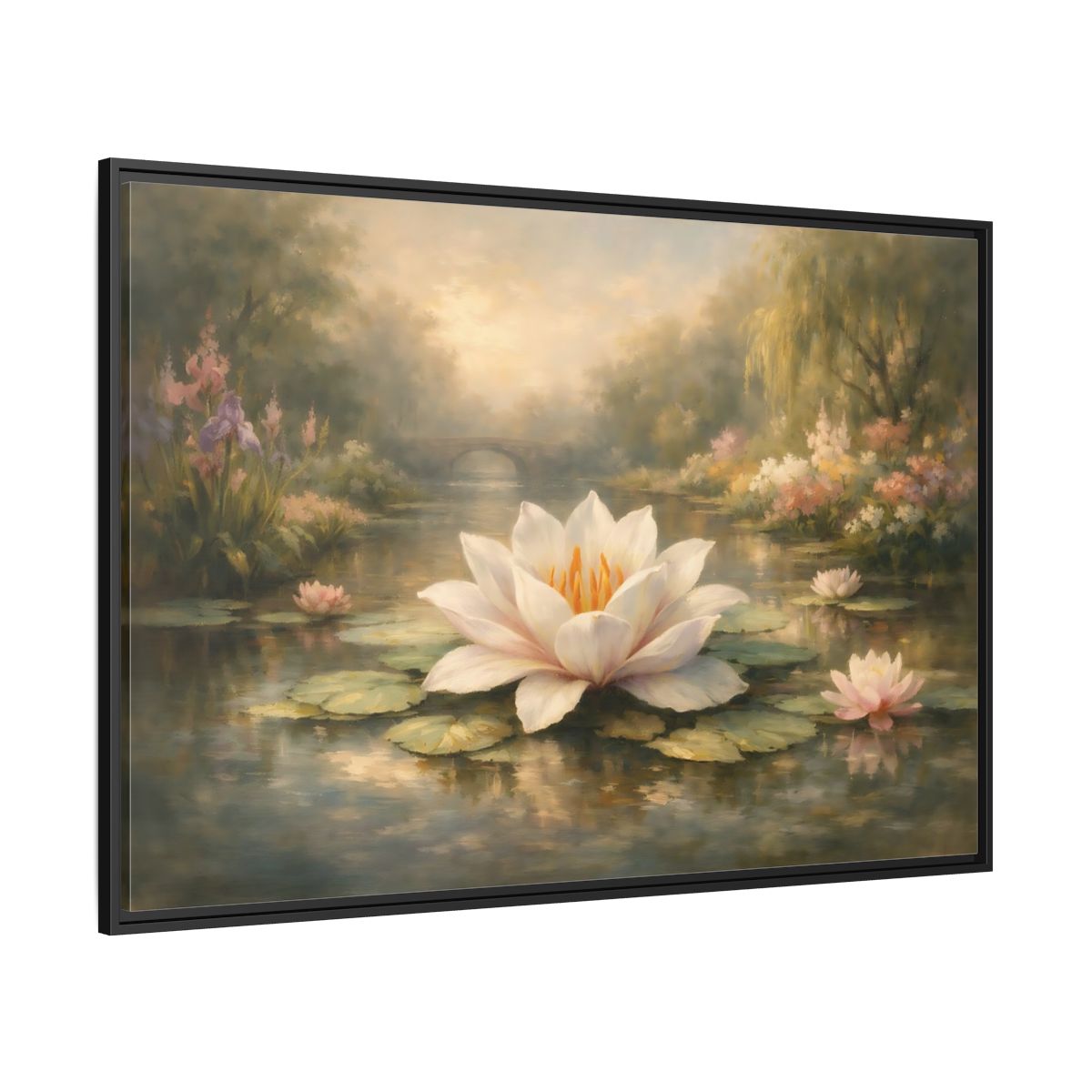Side Mockup 12. Nature Water Lily Misty Water Lily Pond shown as stretched canvas wall art