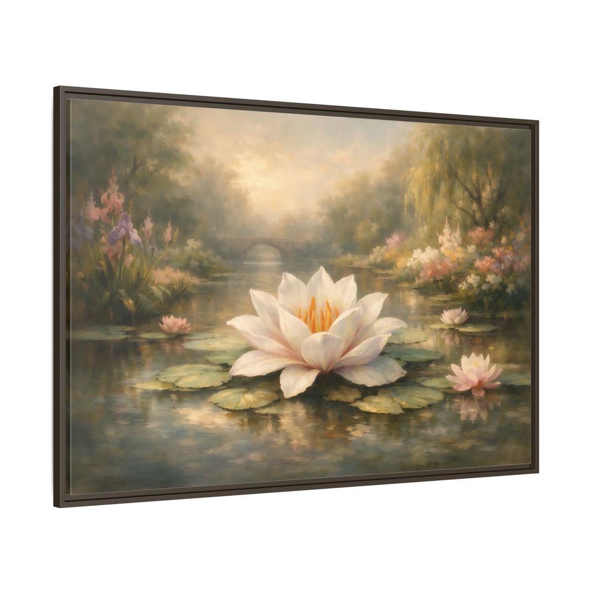 Main Mockup. Nature Water Lily Misty Water Lily Pond shown as stretched canvas wall art
