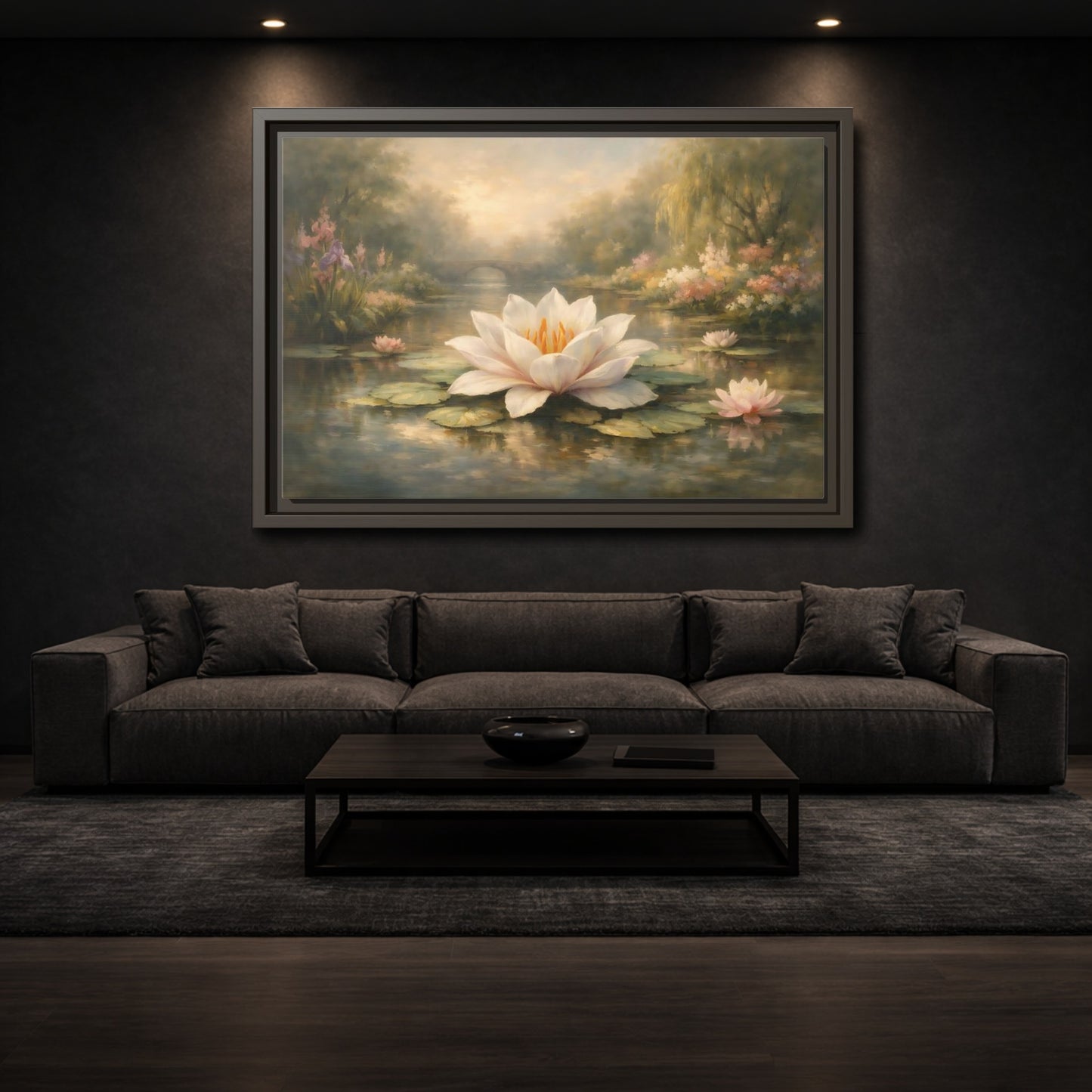Mockup 2. Nature Water Lily Misty Water Lily Pond shown as stretched canvas wall art