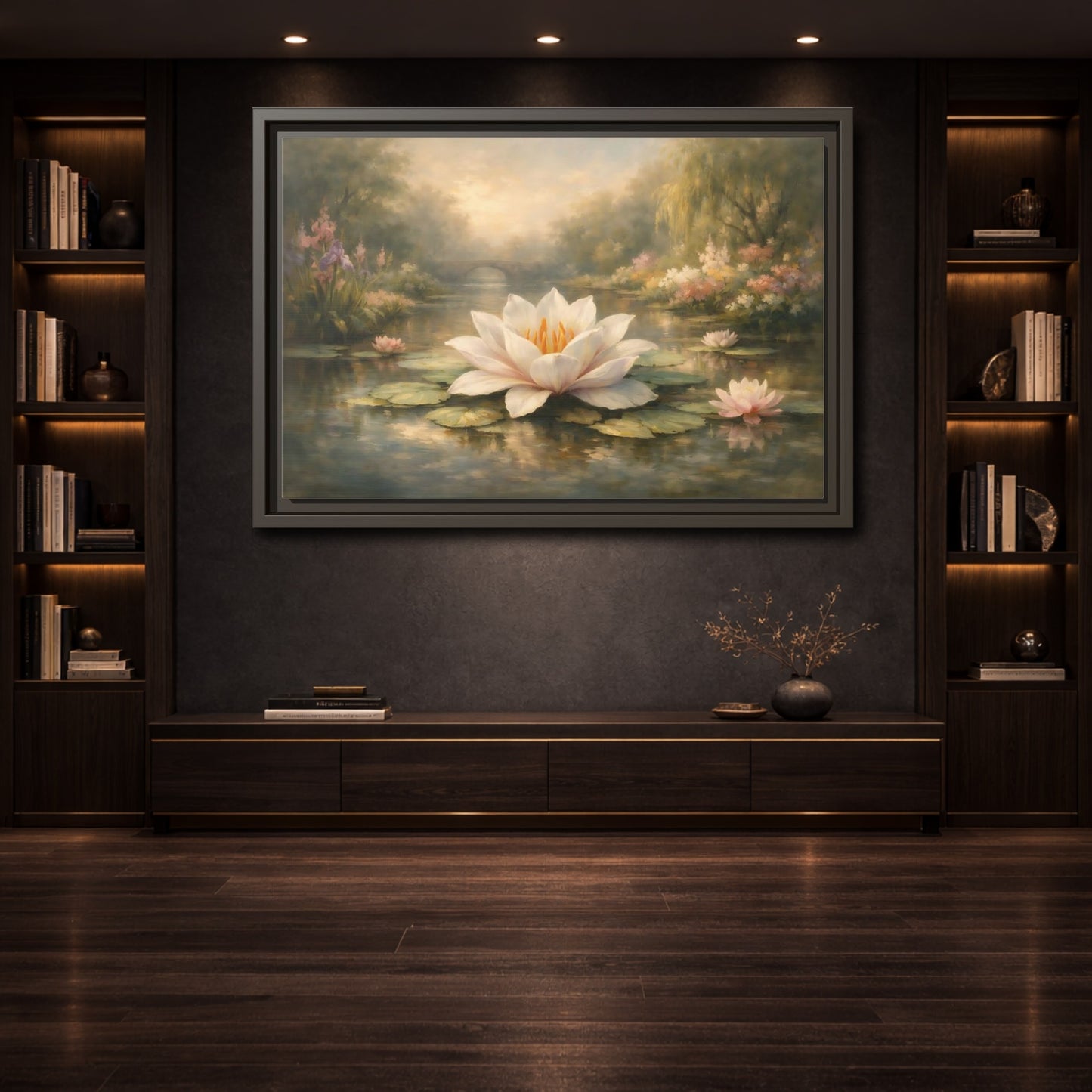 Mockup 3. Nature Water Lily Misty Water Lily Pond shown as stretched canvas wall art