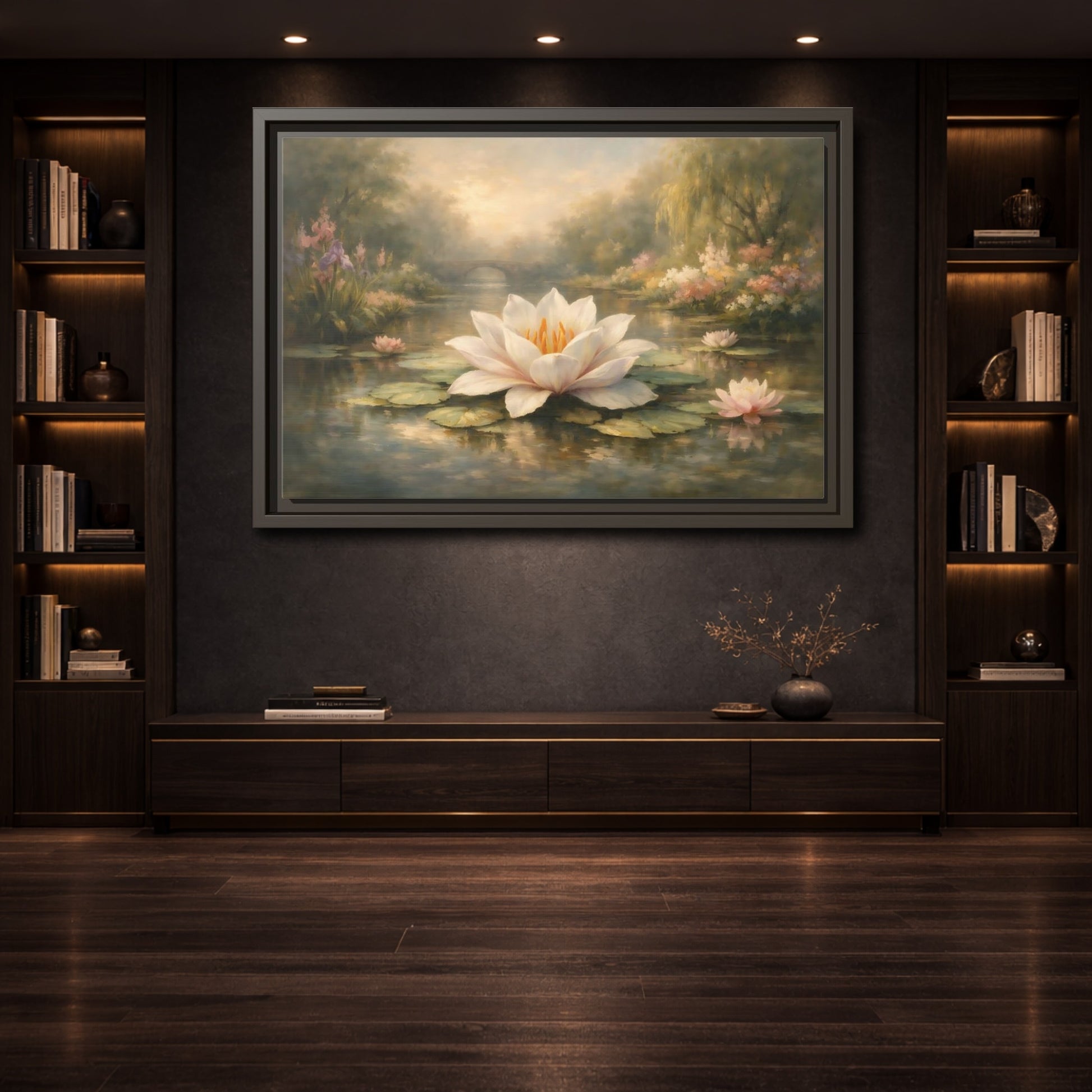 Mockup 3. Nature Water Lily Misty Water Lily Pond shown as stretched canvas wall art