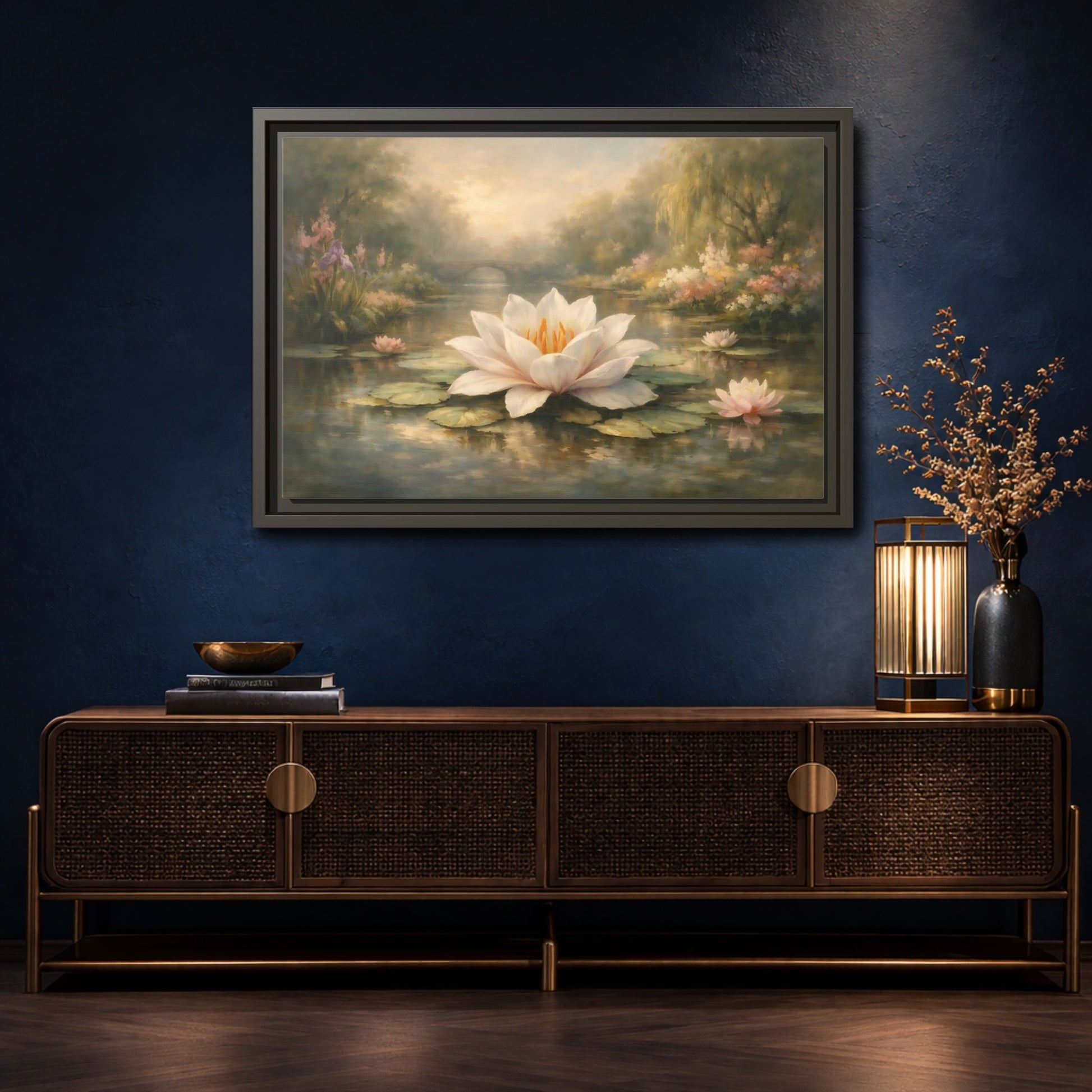 Mockup 4. Nature Water Lily Misty Water Lily Pond shown as stretched canvas wall art