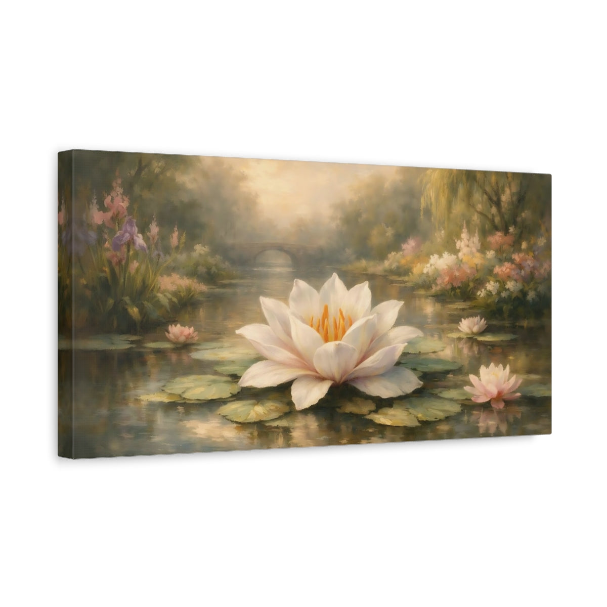 Side Mockup 3. Nature Water Lily Soft Green Water Lily shown as stretched canvas wall art