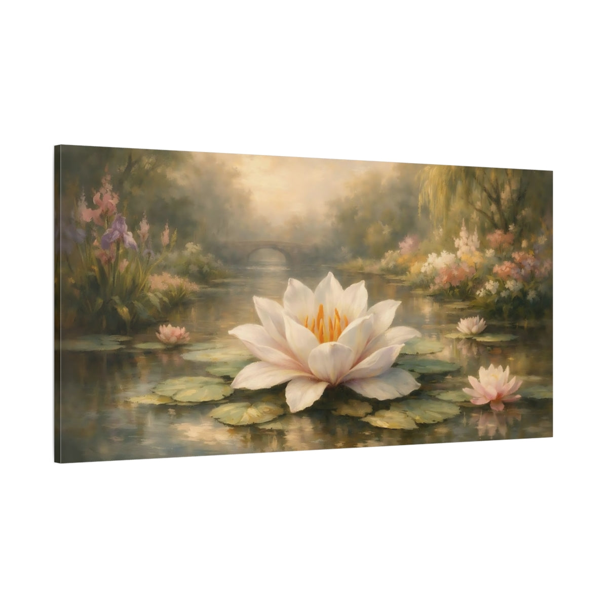 Main Mockup. Nature Water Lily Soft Green Water Lily shown as stretched canvas wall art