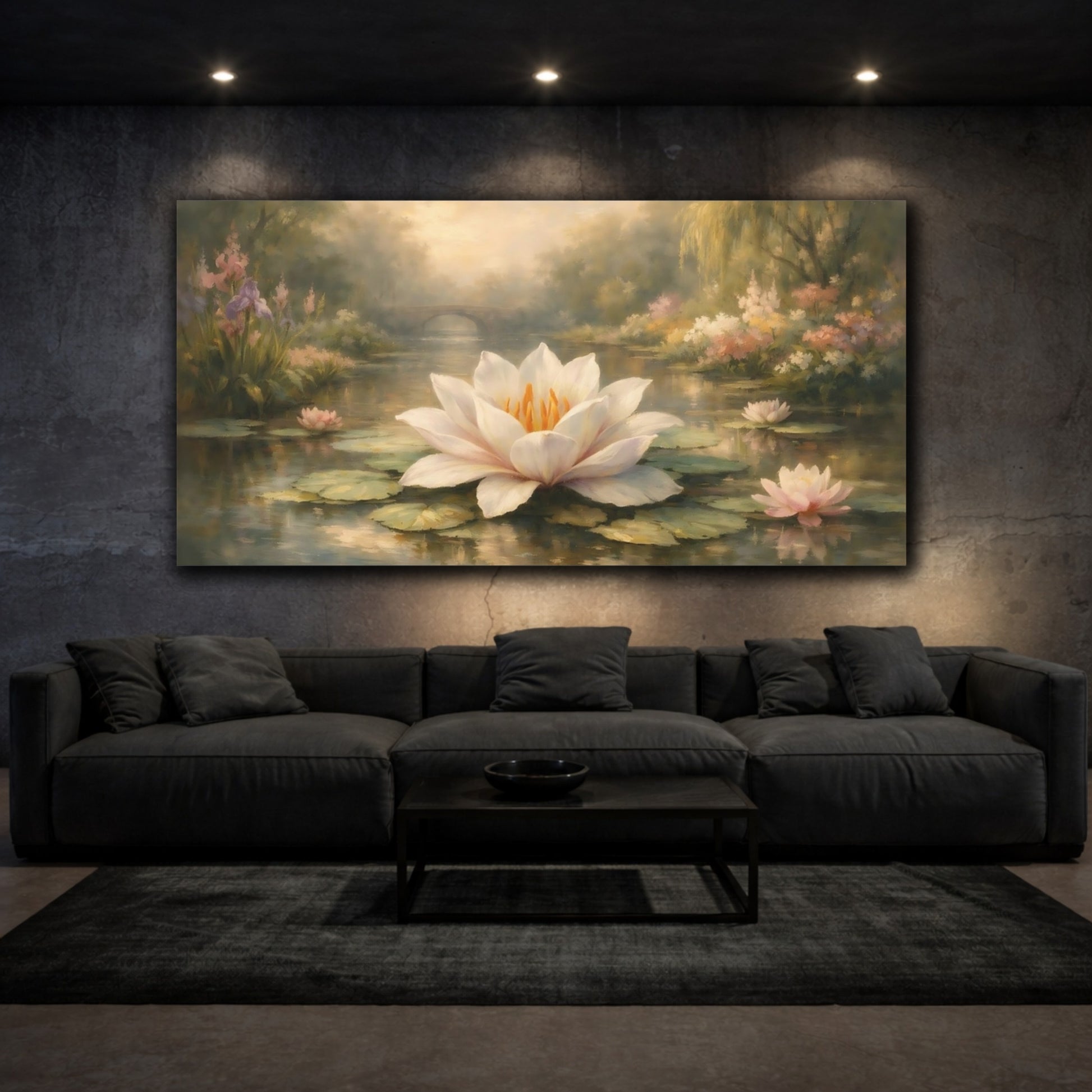 Mockup 2. Nature Water Lily Soft Green Water Lily shown as stretched canvas wall art