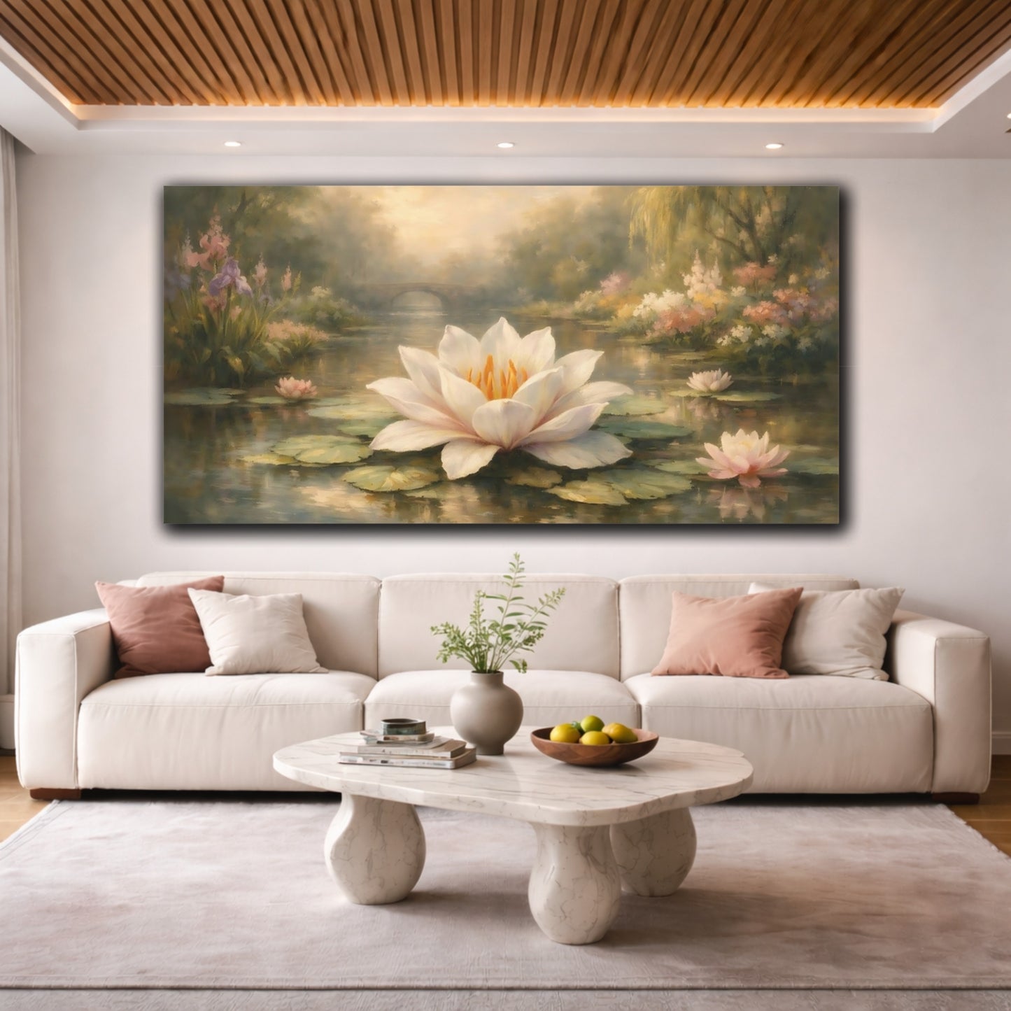 Mockup 3. Nature Water Lily Soft Green Water Lily shown as stretched canvas wall art