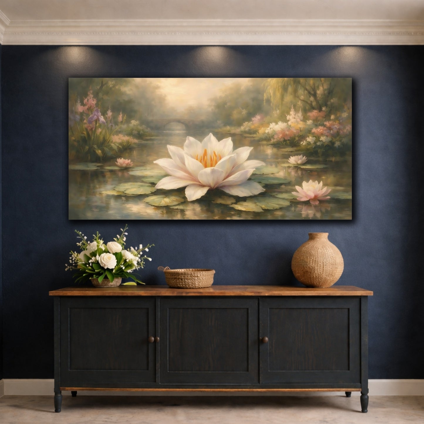 Mockup 4. Nature Water Lily Soft Green Water Lily shown as stretched canvas wall art