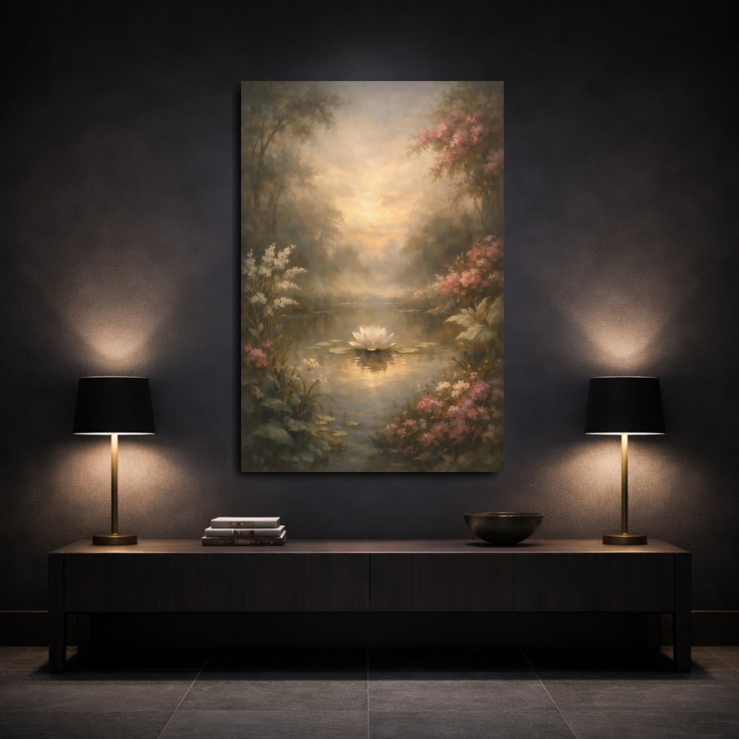 Mockup 2. Nature Water Lily Water Lily Pond shown as stretched canvas wall art