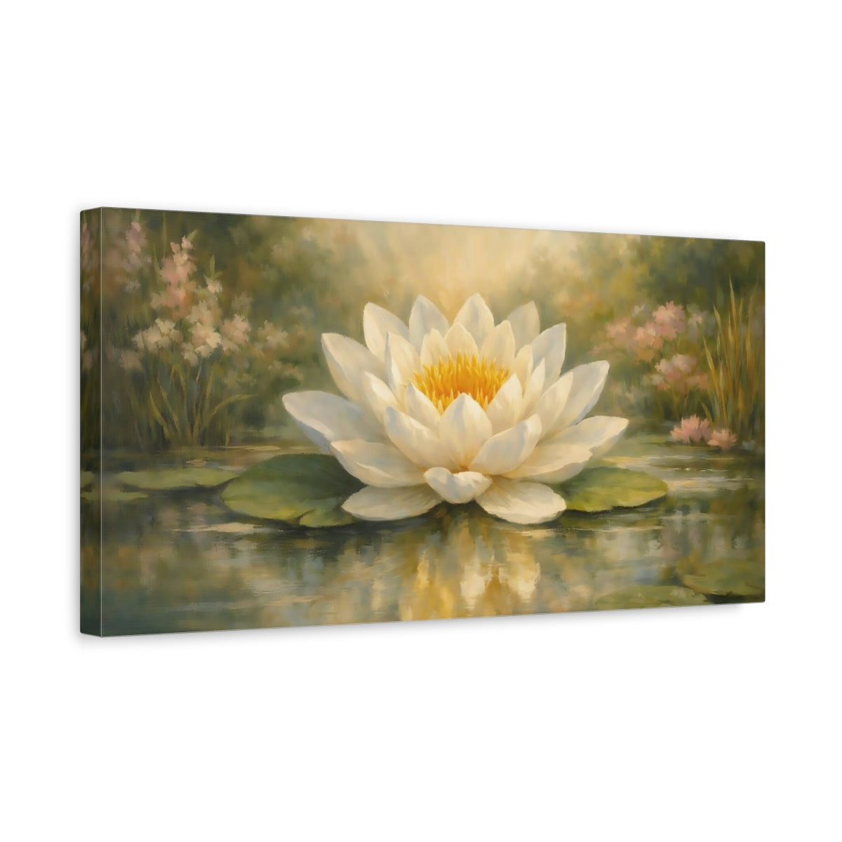 Side Mockup 3. Nature Water Lily White Water Lily shown as stretched canvas wall art