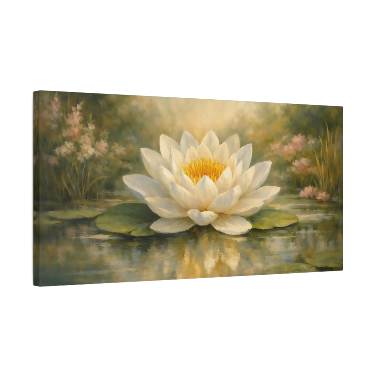 Side Mockup 2. Nature Water Lily White Water Lily shown as stretched canvas wall art
