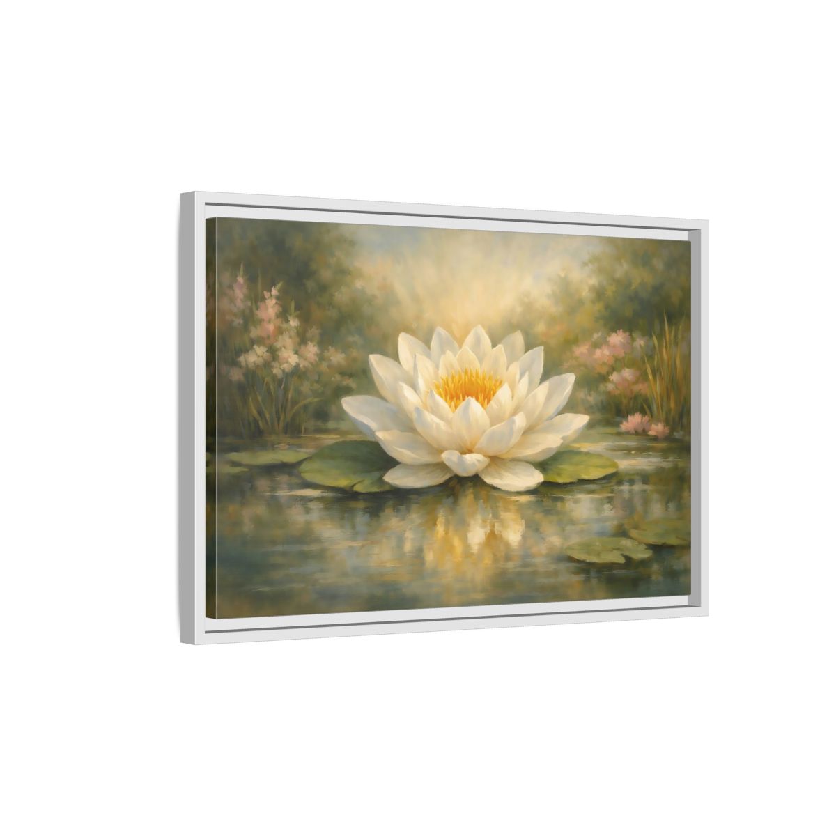 Side Mockup 1. Nature Water Lily White Water Lily shown as stretched canvas wall art