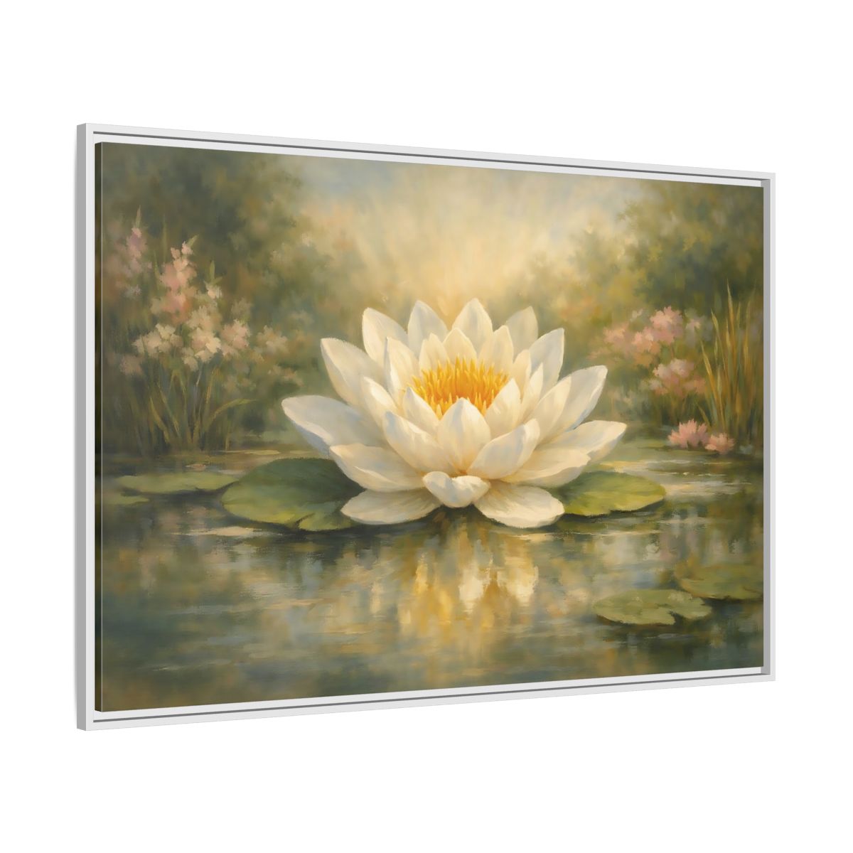 Side Mockup 7. Nature Water Lily White Water Lily shown as stretched canvas wall art