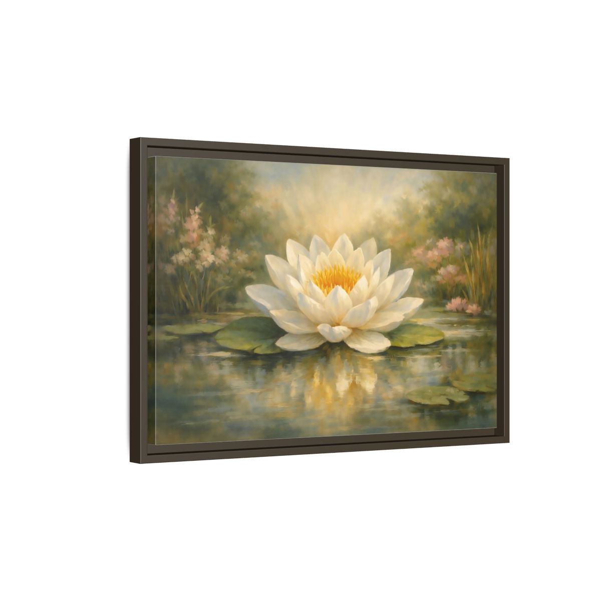 Side Mockup 2. Nature Water Lily White Water Lily shown as stretched canvas wall art