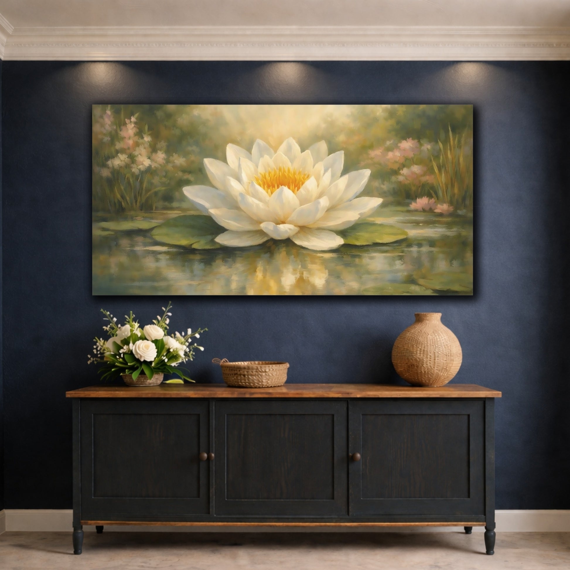 Mockup 4. Nature Water Lily White Water Lily shown as stretched canvas wall art