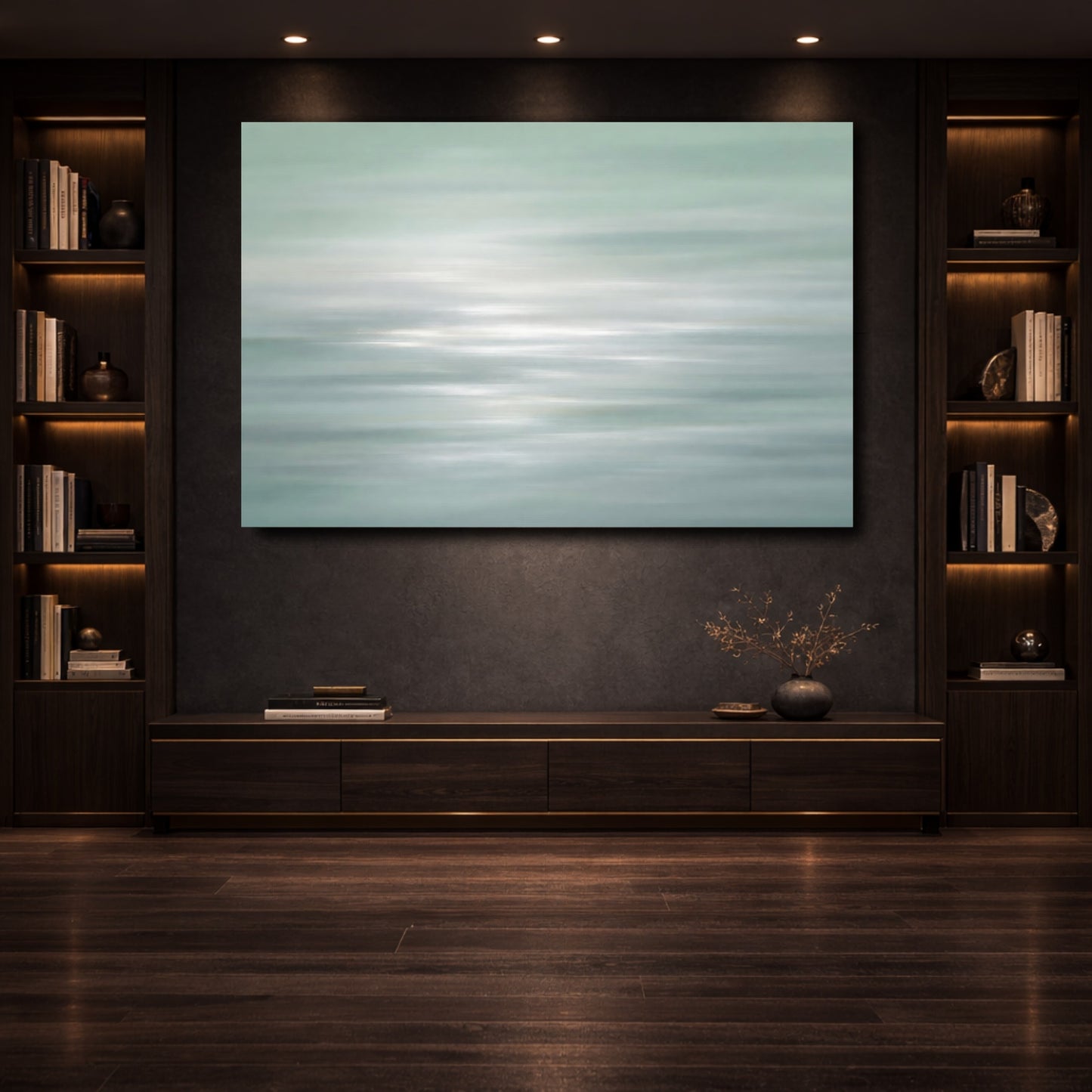Mockup 3. Nature Water Reflections Pale Green Water shown as stretched canvas wall art