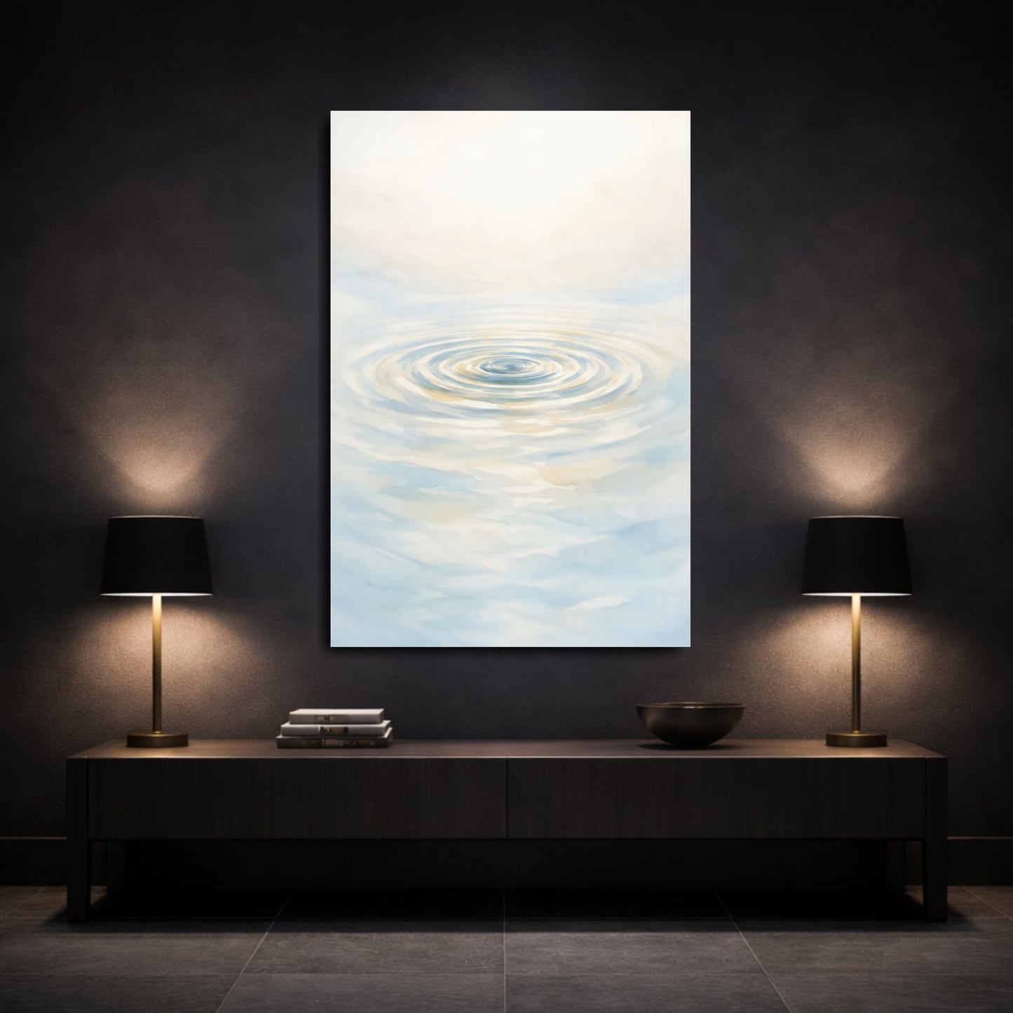 Mockup 2. Nature Water Ripples Blue And Cream shown as stretched canvas wall art