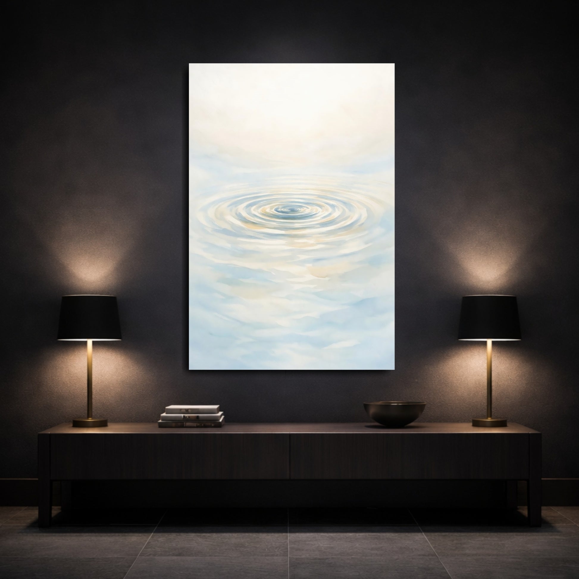 Mockup 2. Nature Water Ripples Blue And Cream shown as stretched canvas wall art