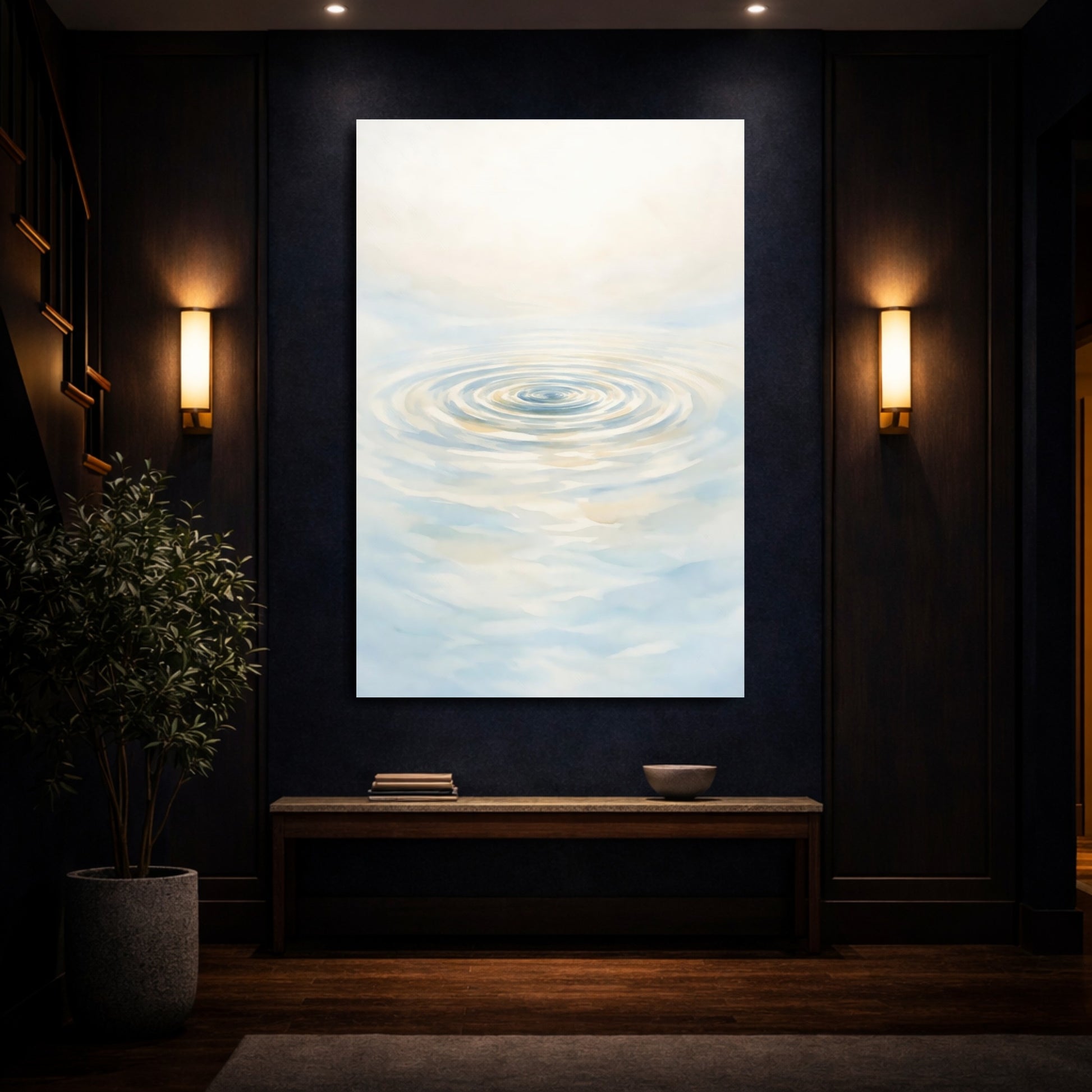 Mockup 3. Nature Water Ripples Blue And Cream shown as stretched canvas wall art