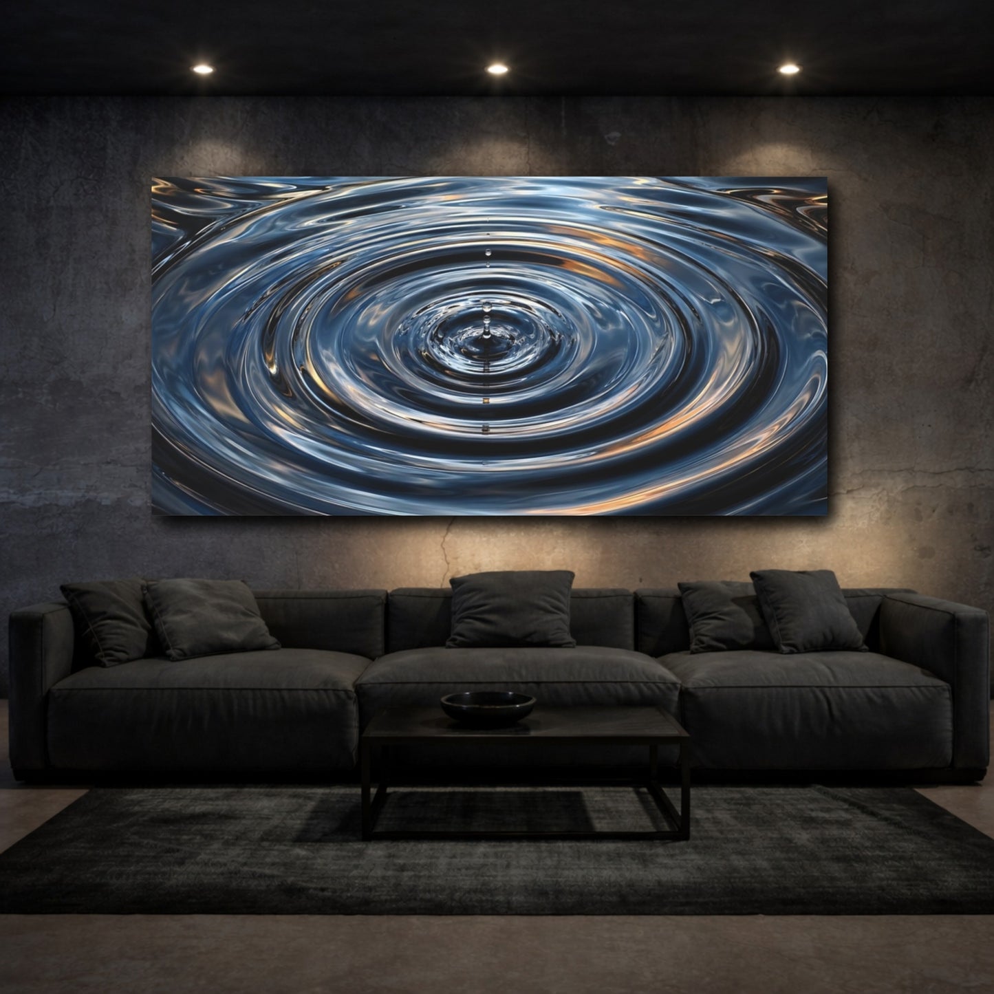 Mockup 2. Nature Water Ripples Blue And Gold shown as stretched canvas wall art