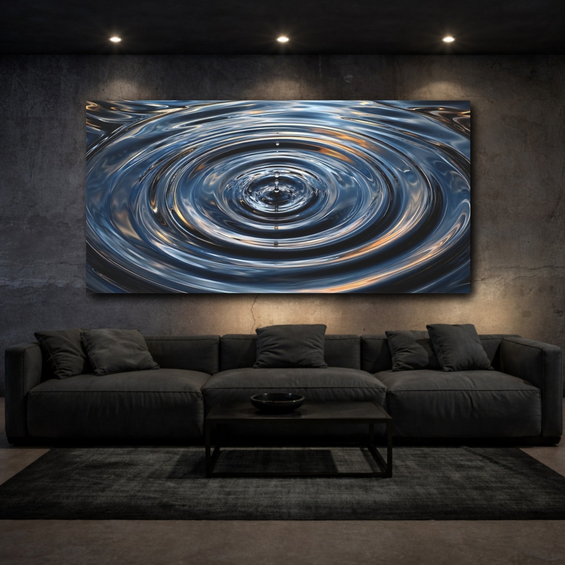 Mockup 2. Nature Water Ripples Blue And Gold shown as stretched canvas wall art