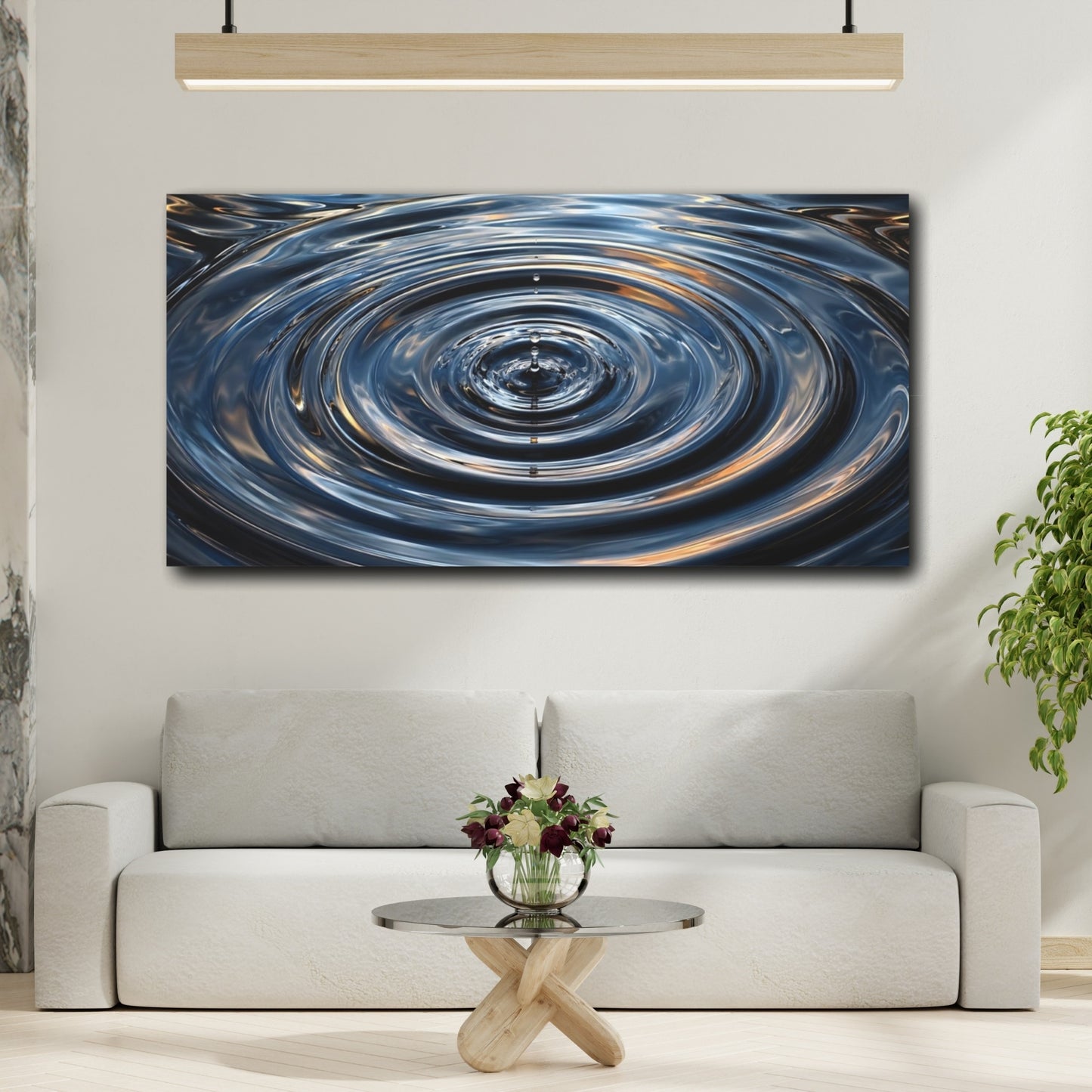 Mockup 3. Nature Water Ripples Blue And Gold shown as stretched canvas wall art