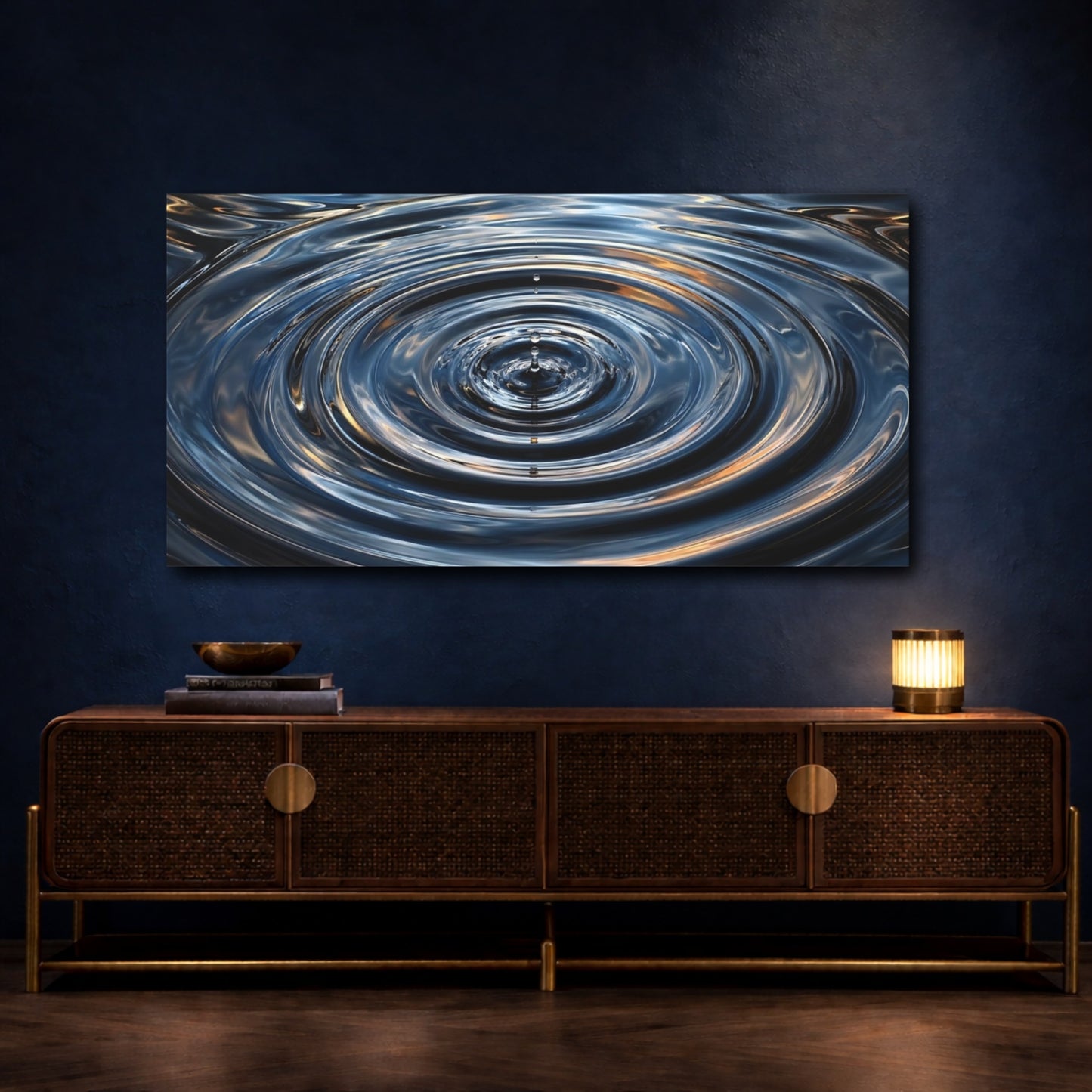 Mockup 4. Nature Water Ripples Blue And Gold shown as stretched canvas wall art