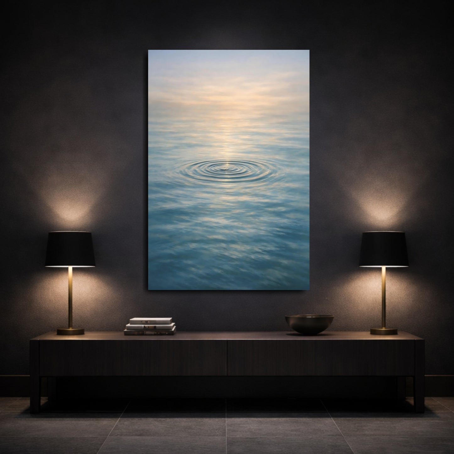 Mockup 2. Nature Water Ripples Blue And Gold Water shown as stretched canvas wall art
