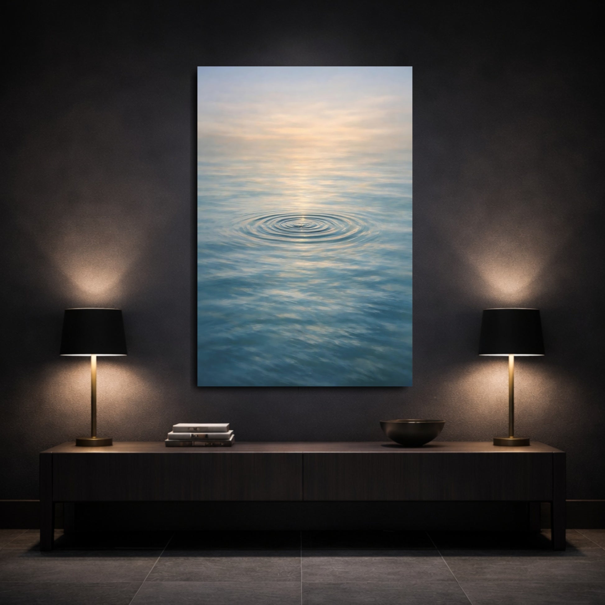 Mockup 2. Nature Water Ripples Blue And Gold Water shown as stretched canvas wall art