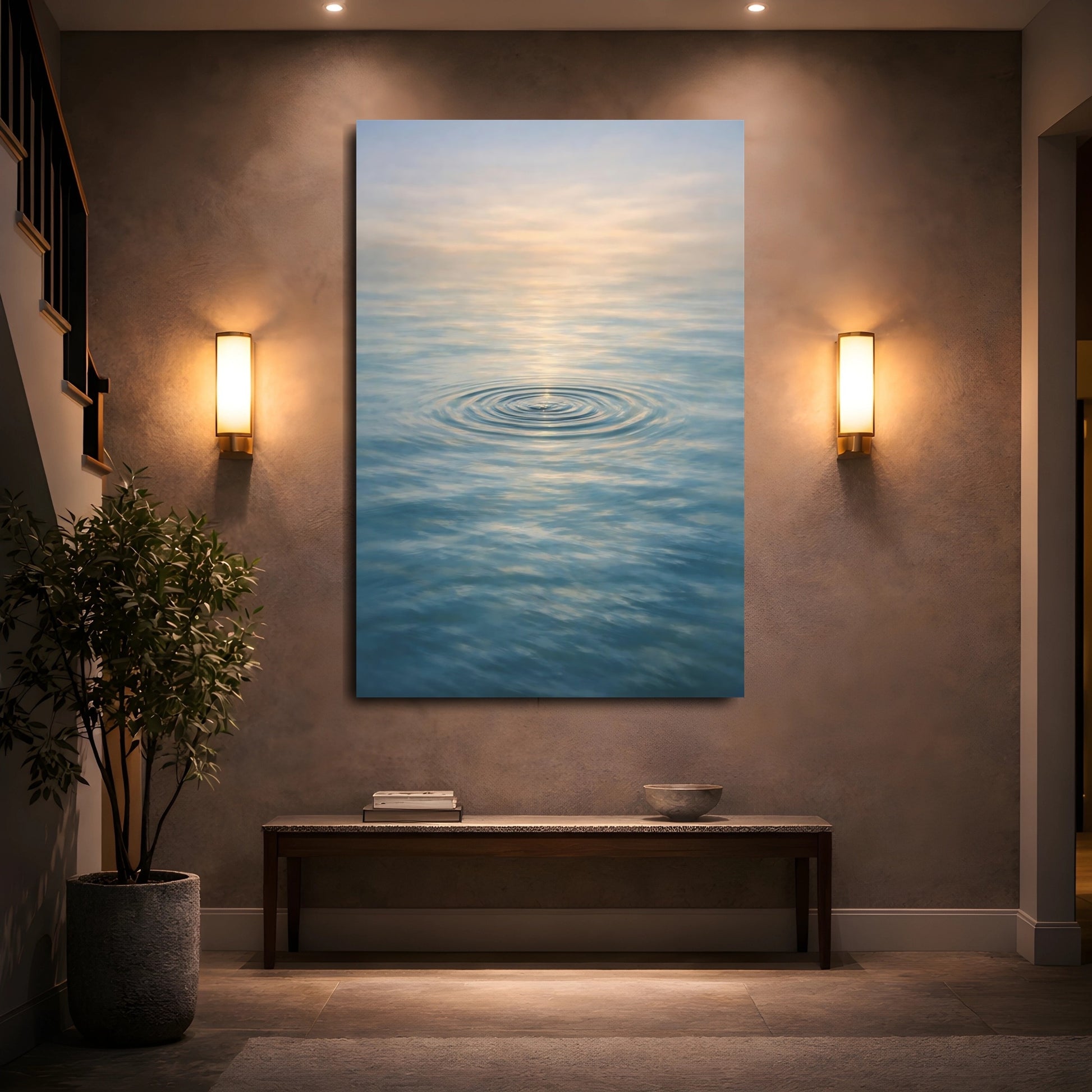 Mockup 4. Nature Water Ripples Blue And Gold Water shown as stretched canvas wall art