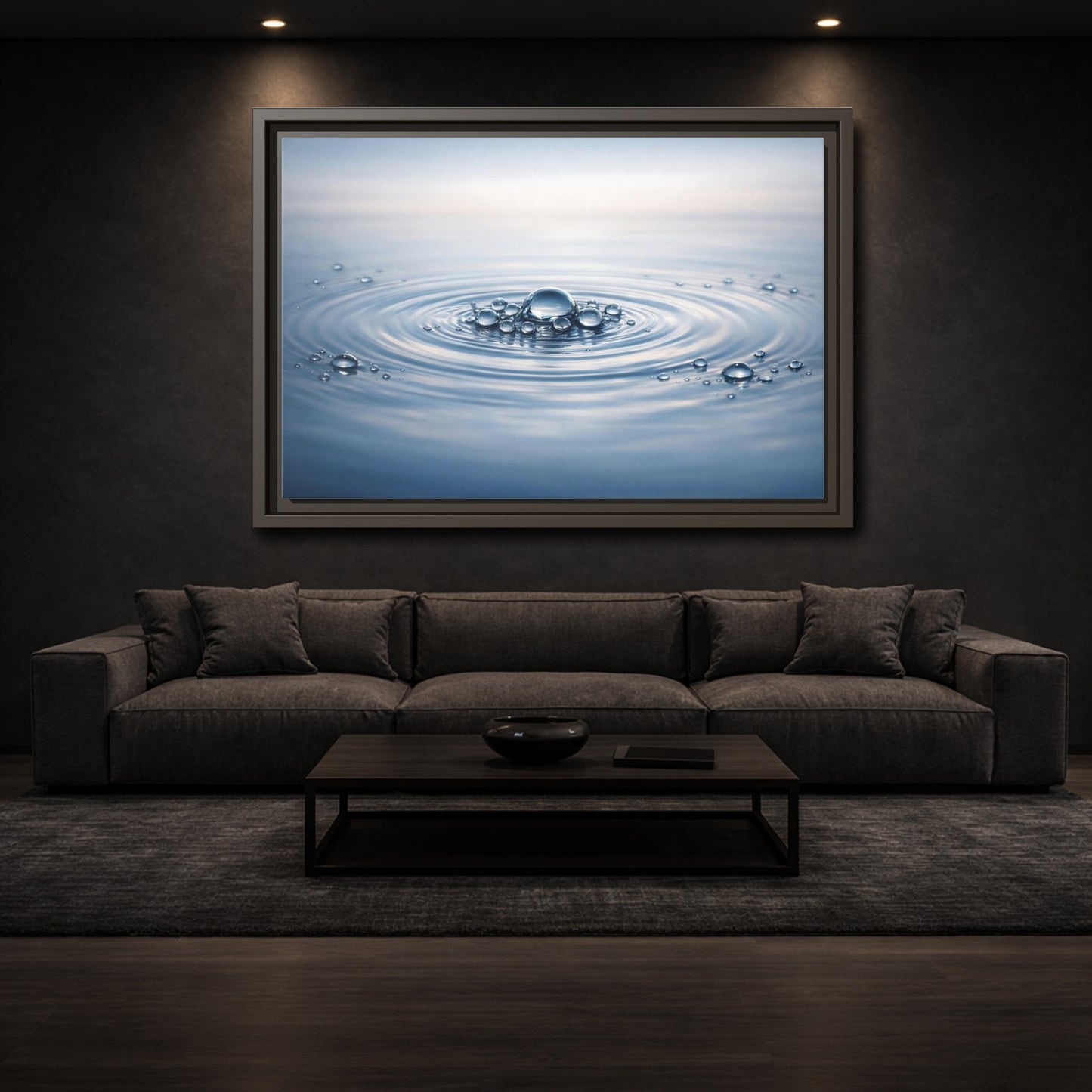 Mockup 2. Nature Water Ripples Blue And White shown as stretched canvas wall art